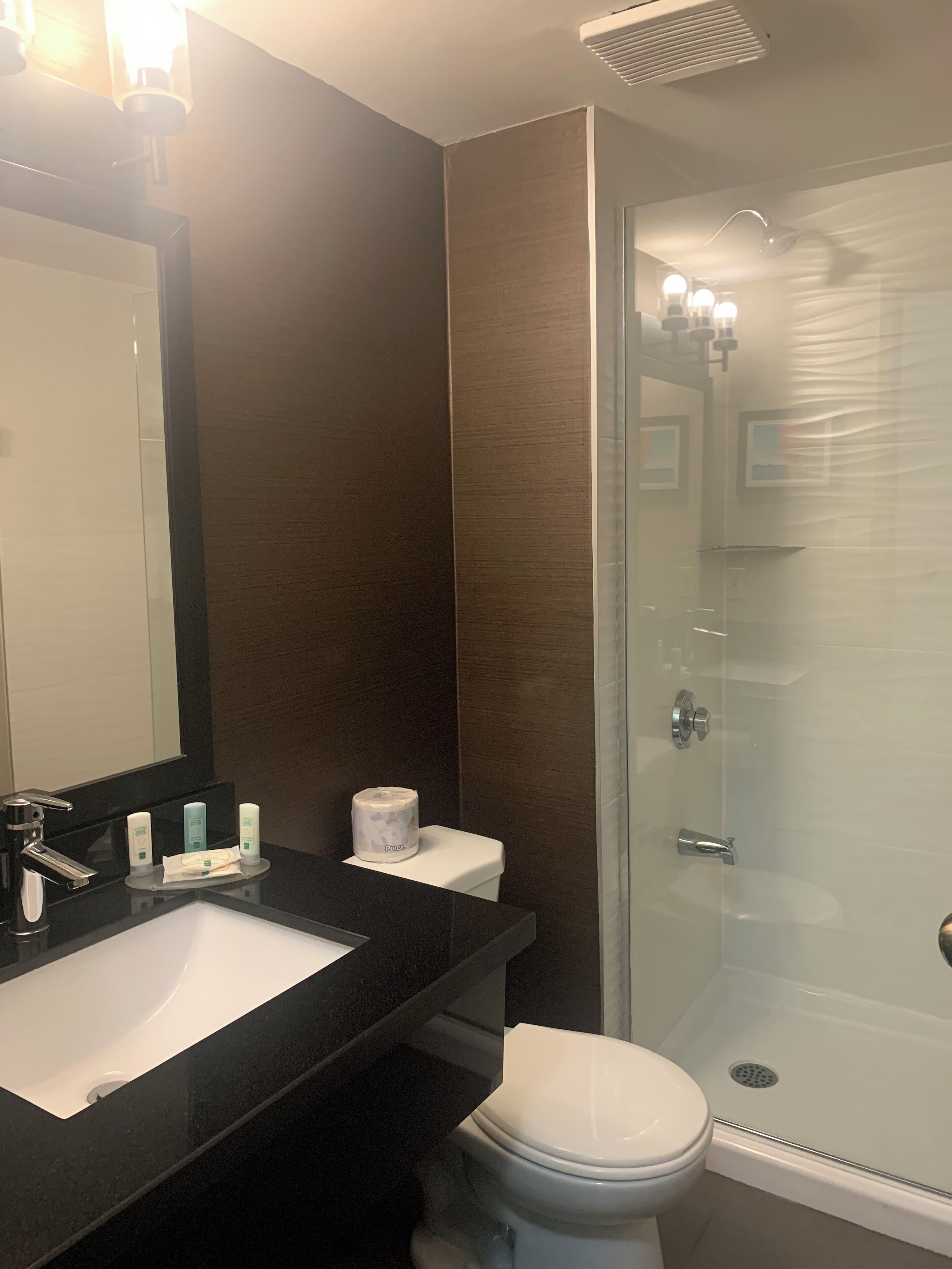 A modern bathroom with a black countertop sink, a mirror, a toilet, and a glass-enclosed shower.