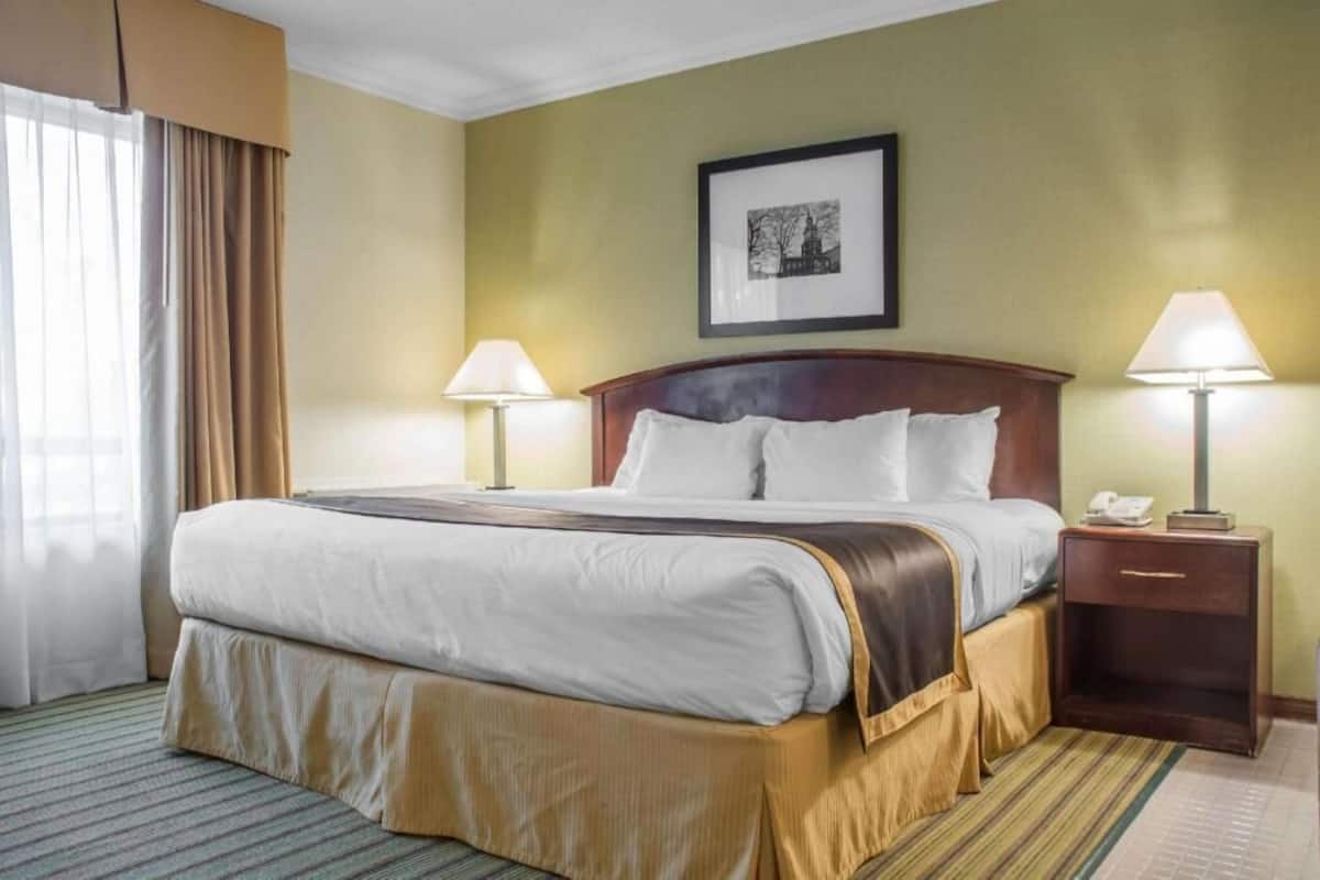 A hotel room with a large bed, two bedside lamps, a framed picture on the wall, and a nightstand with a phone.