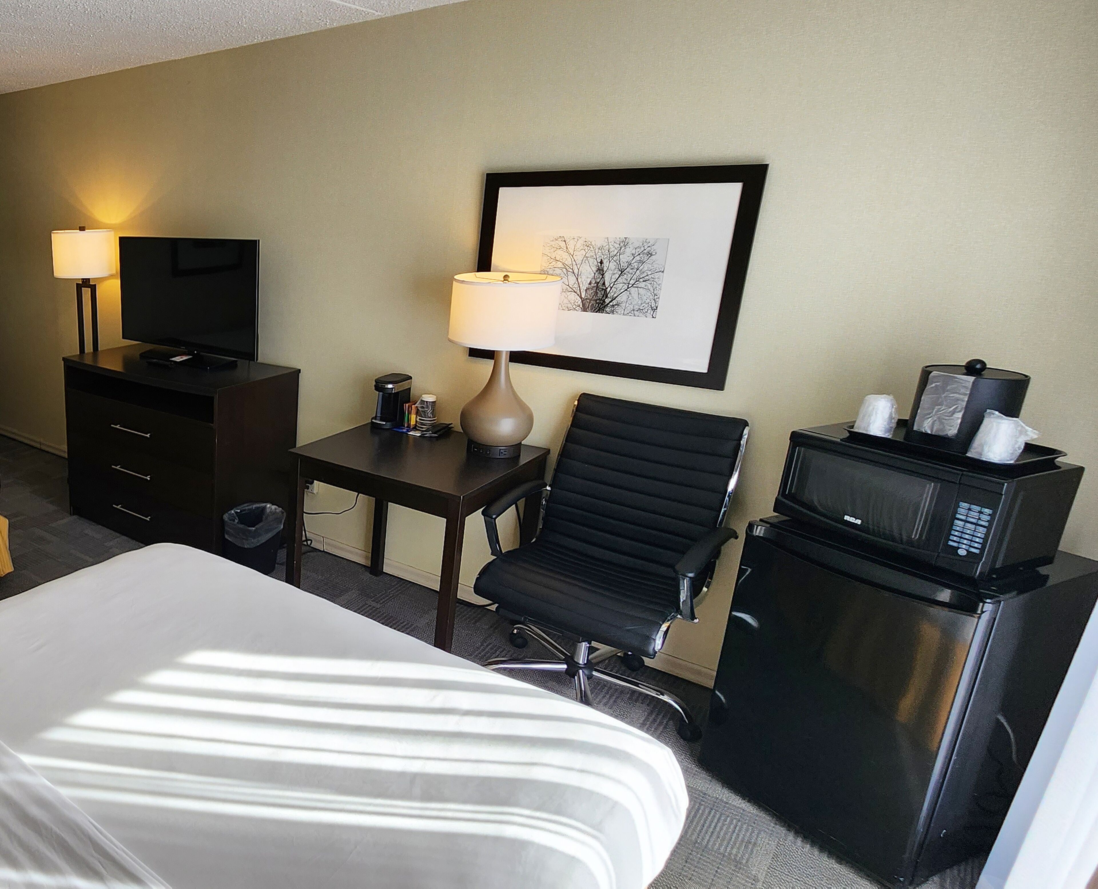 A hotel room with a bed, a desk with a lamp, a chair, a television, a coffee maker, and a microwave.