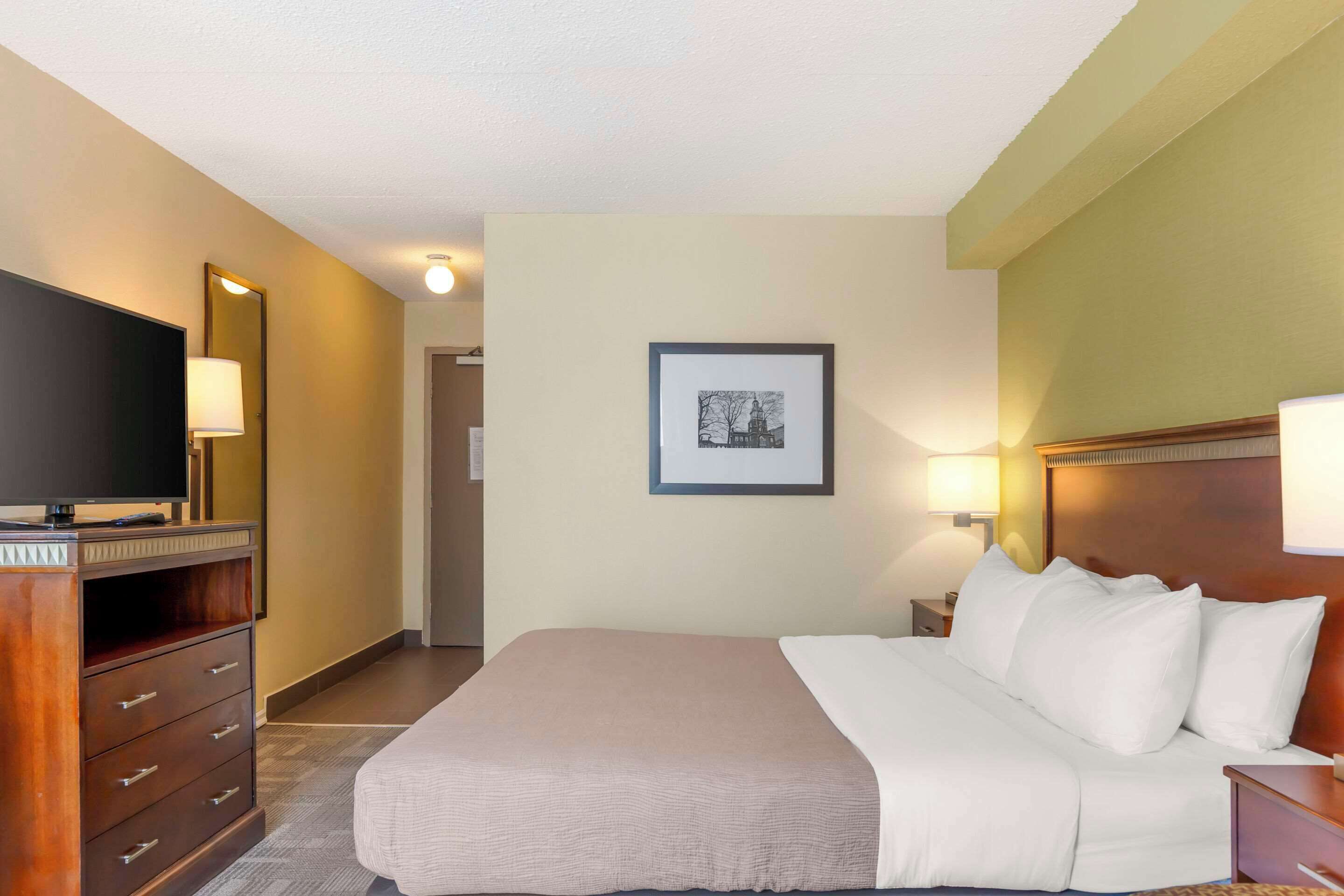Habitación de hotel con una cama grande, un televisor sobre una cómoda de madera, un cuadro en la pared y una mesita de noche con una lámpara.