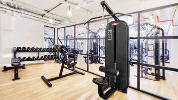 A gym with various exercise equipment, including dumbbells, a bench press, and a squat rack.