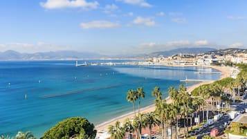 A coastal cityscape with a beach, palm trees, and a marina.