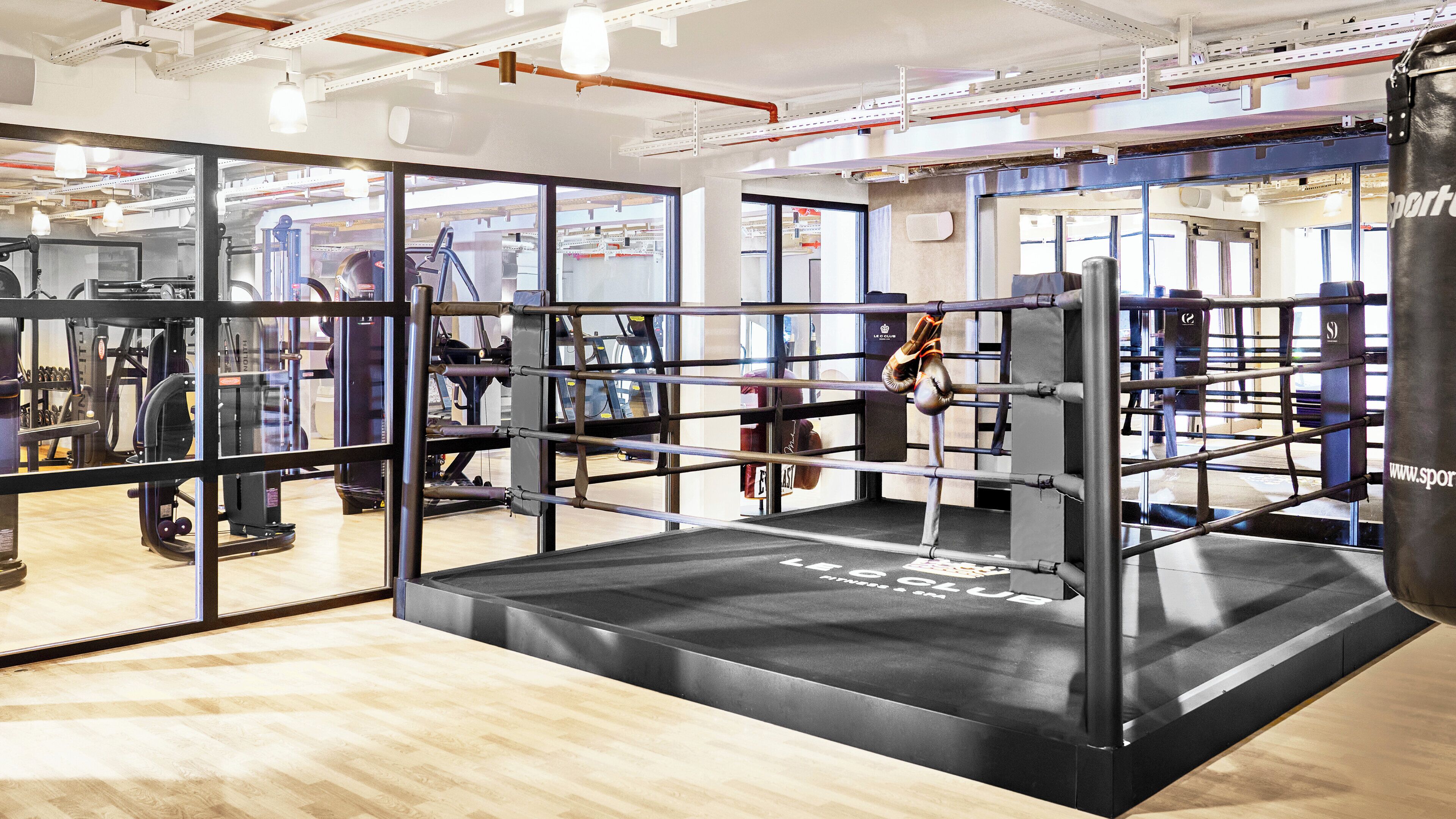 Un ring de boxeo con tapete negro y estructura metálica, rodeado de equipamiento de gimnasio y suelo de madera.
