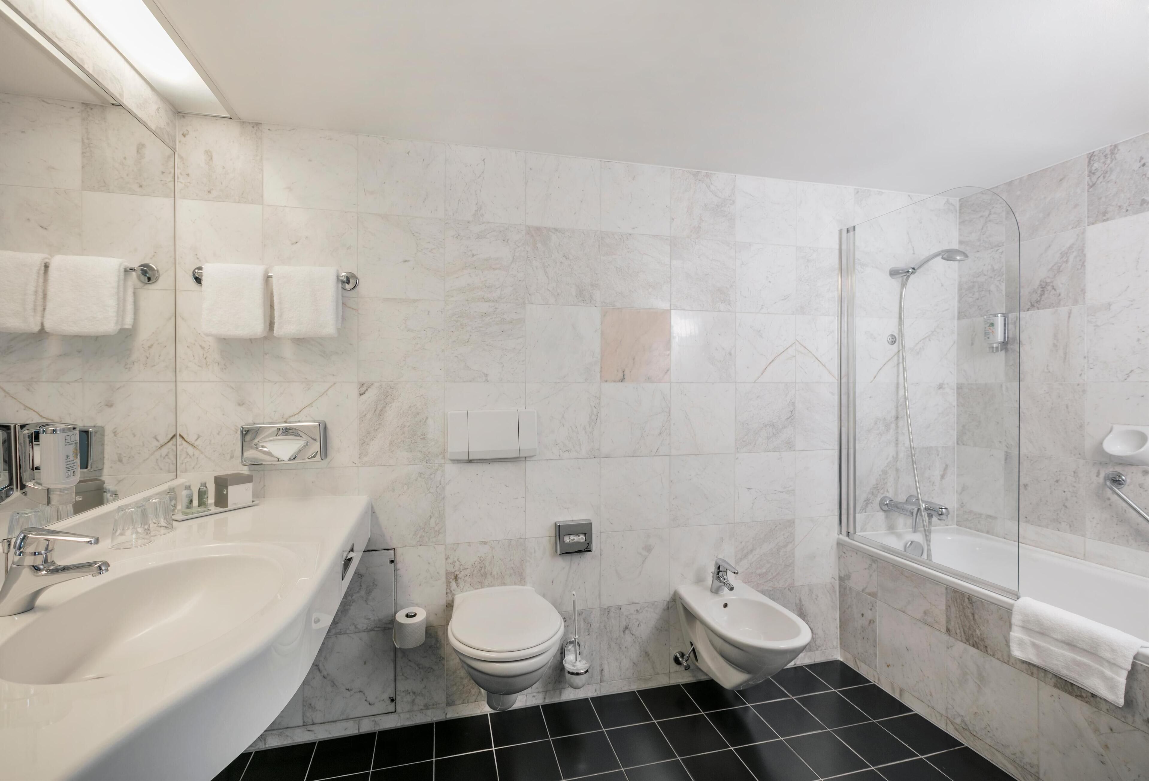 Combined shower/tub, free toiletries, hair dryer, towels