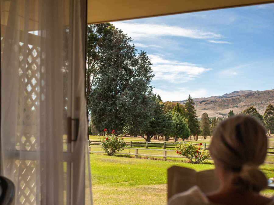 Uitzicht vanuit een kamer met een groot raam op een gazon met bomen en een hek.