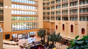 A multi-level hotel lobby with a high ceiling, large windows, and indoor plants.