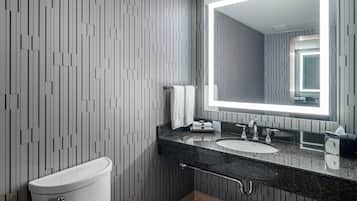 A modern bathroom with a toilet, a sink, and a large mirror.