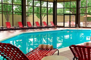 Indoor pool, seasonal outdoor pool, pool umbrellas, pool loungers