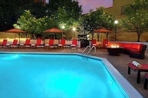 Seasonal outdoor pool, pool umbrellas, pool loungers