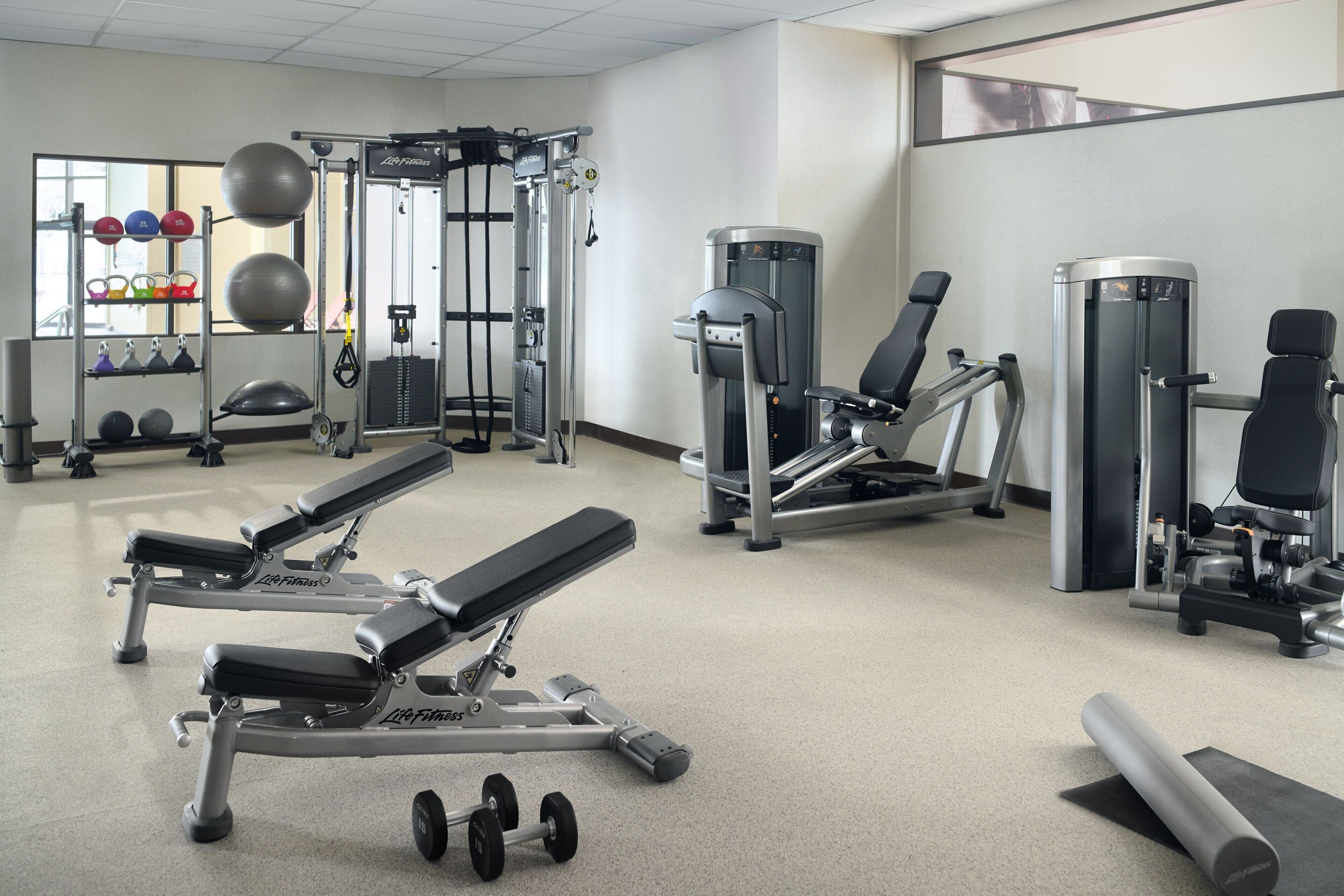 Un gimnasio con diversos equipos de ejercicio, incluyendo una banca, mancuernas y máquinas de pesas.
