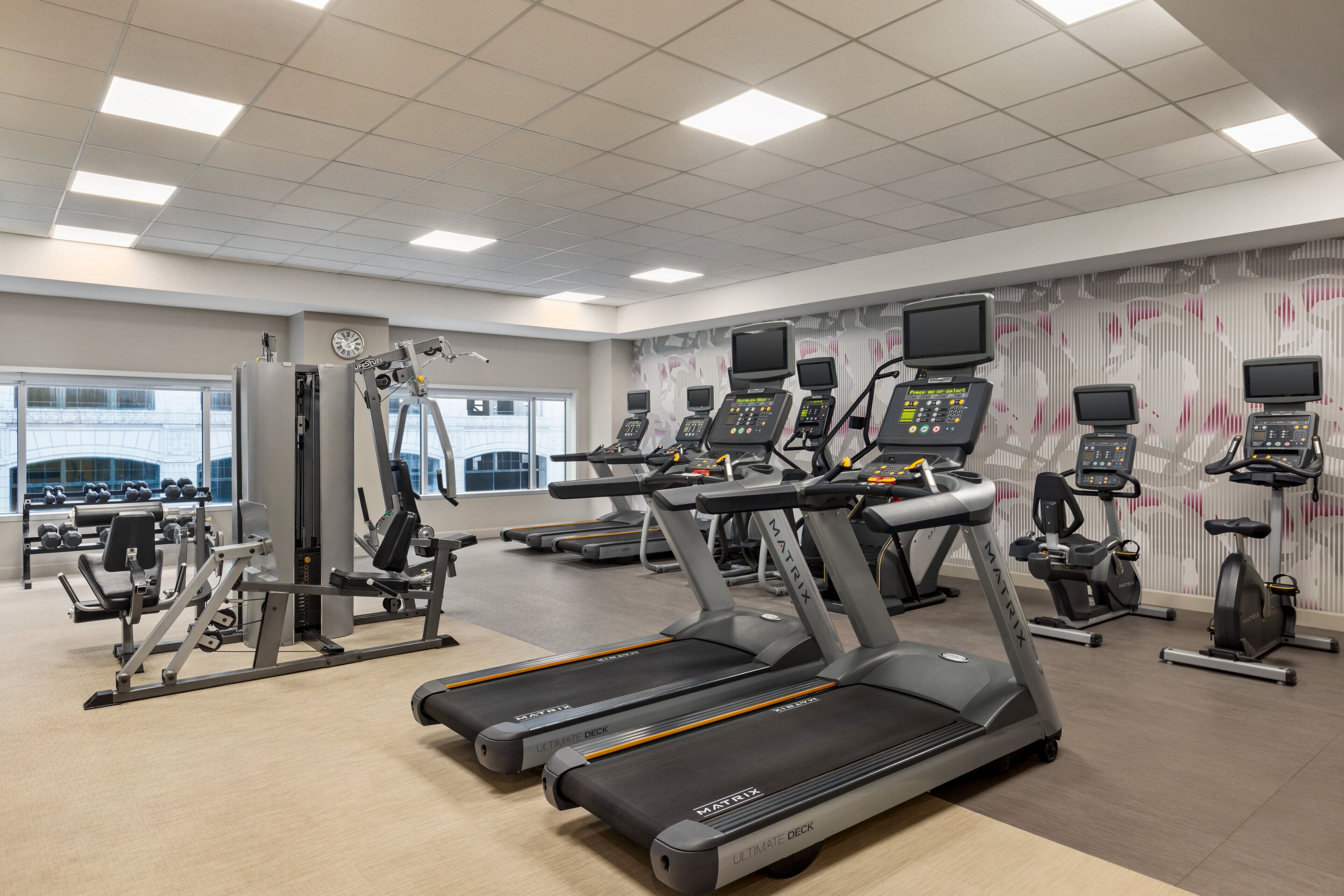 A gym with treadmills, ellipticals, and weight machines.