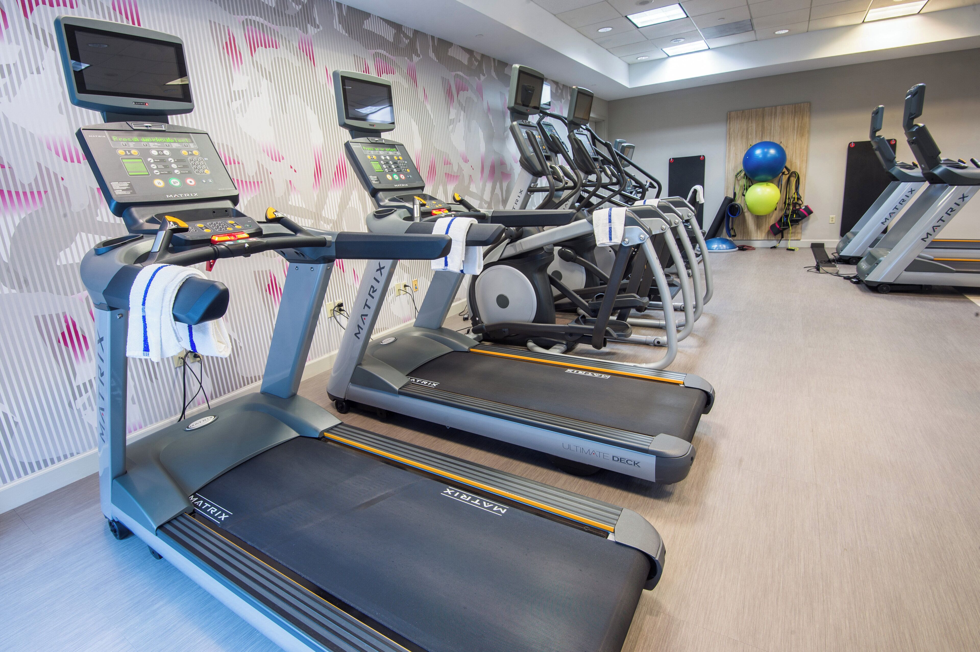 Et fitnessrum med flere løbebånd, motionscykler og træningsbolde.