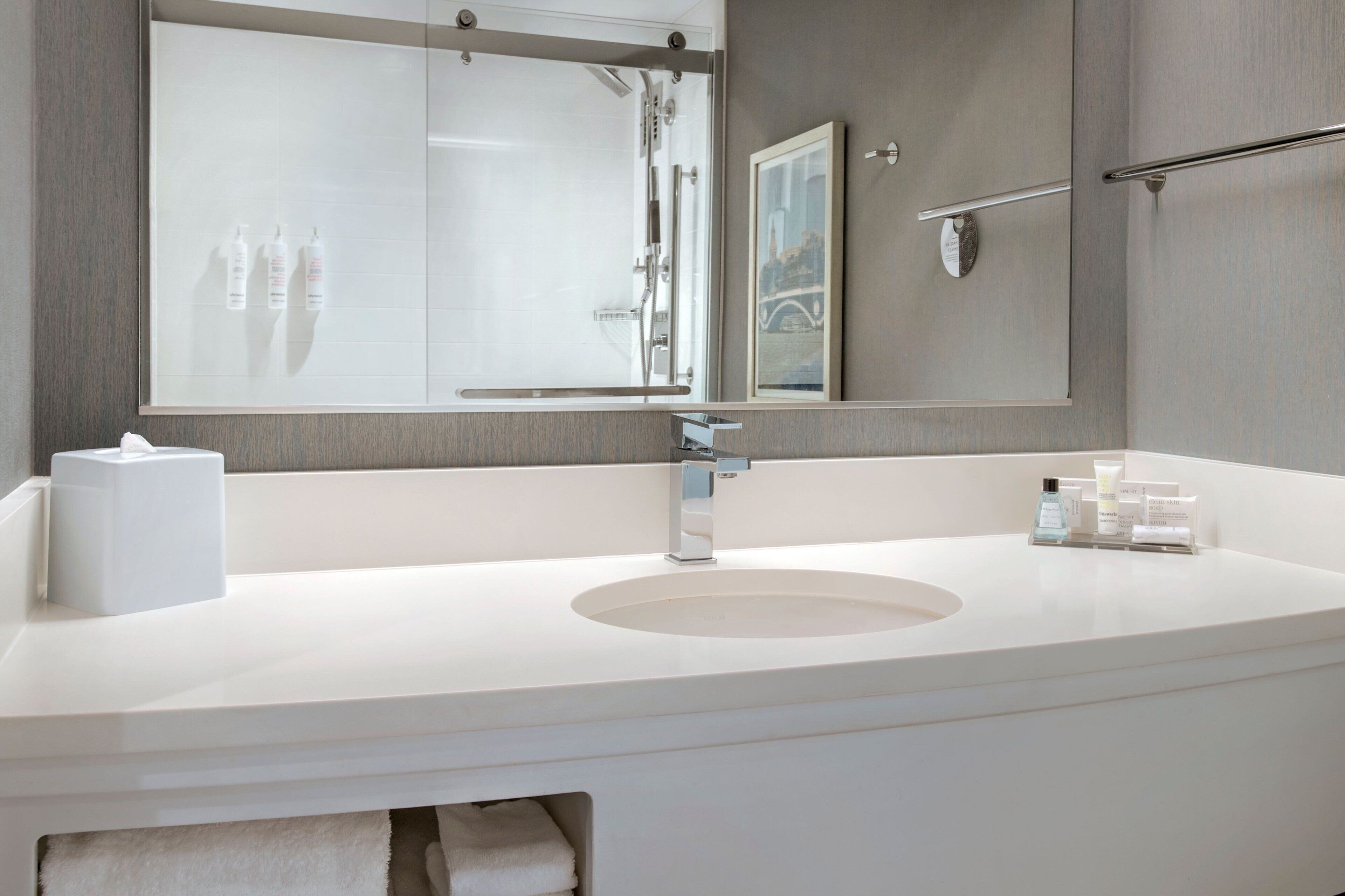 combined shower/bathtub, free toiletries, hair dryer, towels