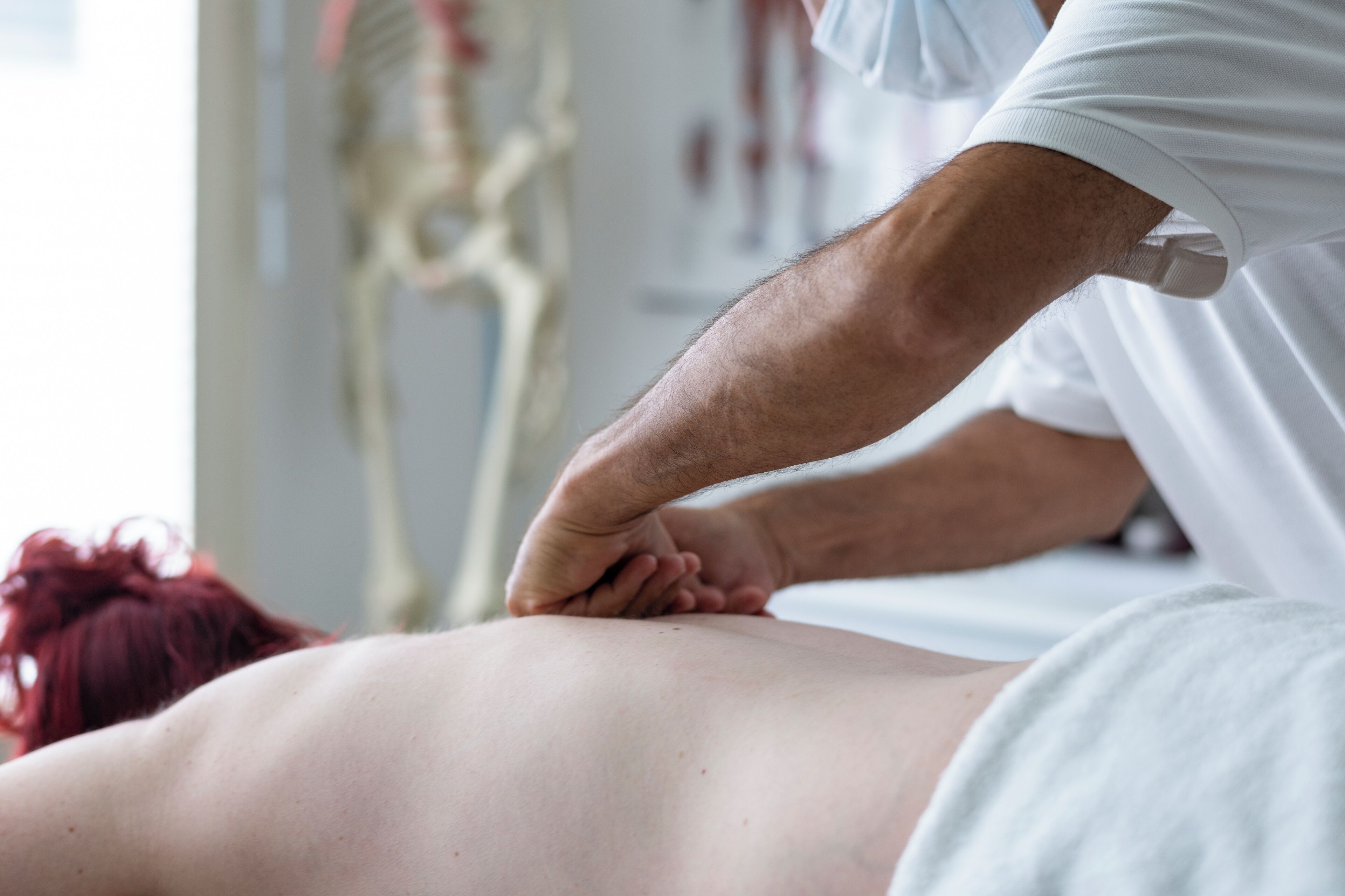 A person receiving a massage on a massage table in a room with a skeleton model in the background.