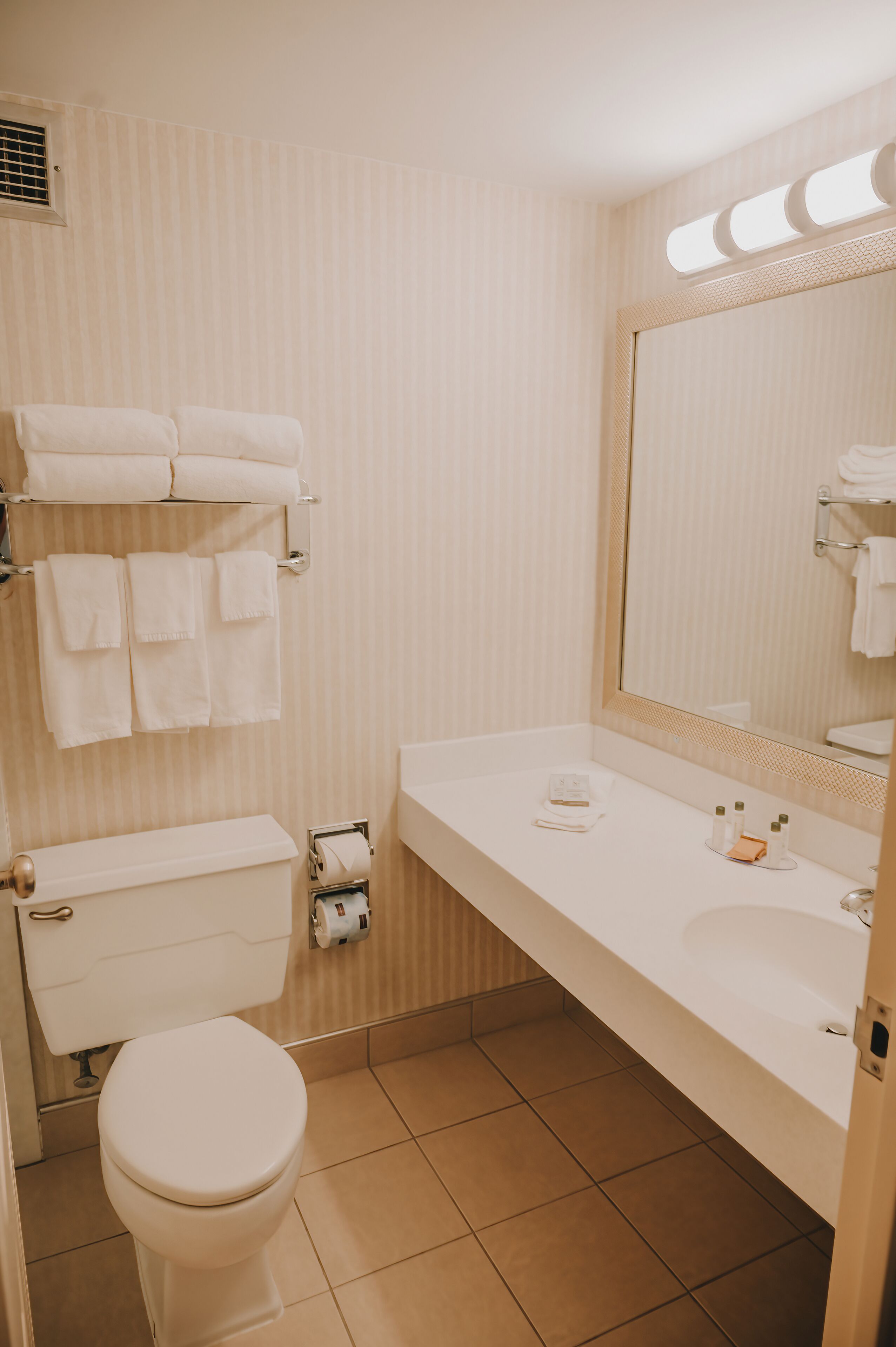 A bathroom with a toilet, sink, and towel rack.