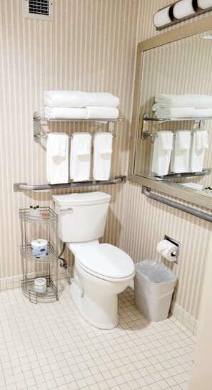 Combined shower/tub, free toiletries, hair dryer, towels
