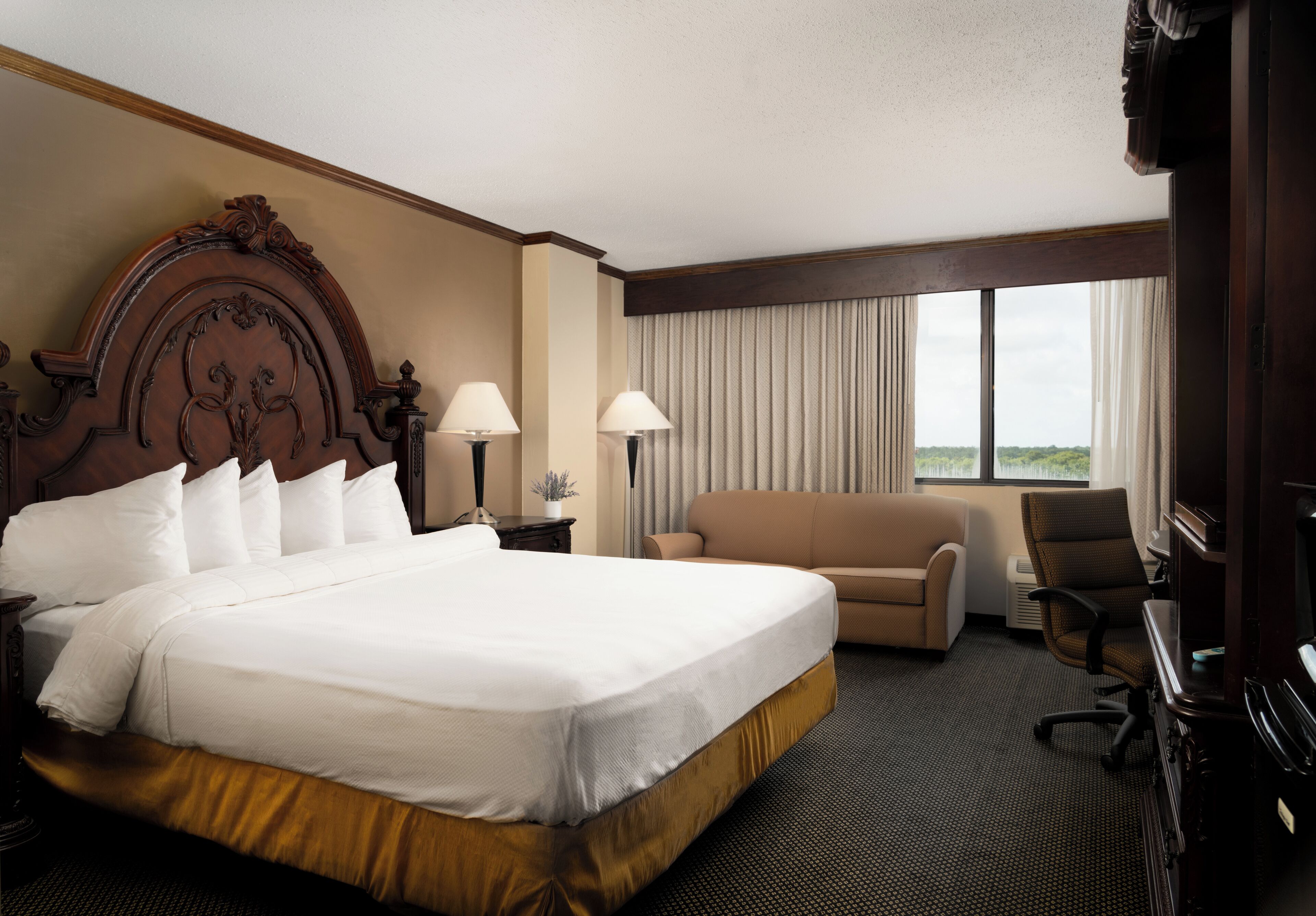 A hotel room with a large bed, a sofa, a desk, and a view of the outdoors.