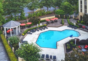 Outdoor pool, pool umbrellas, pool loungers
