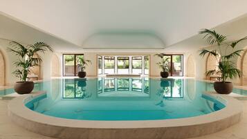 Una amplia piscina interior con vistas despejadas al exterior gracias a grandes ventanales, rodeada de plantas en macetas.