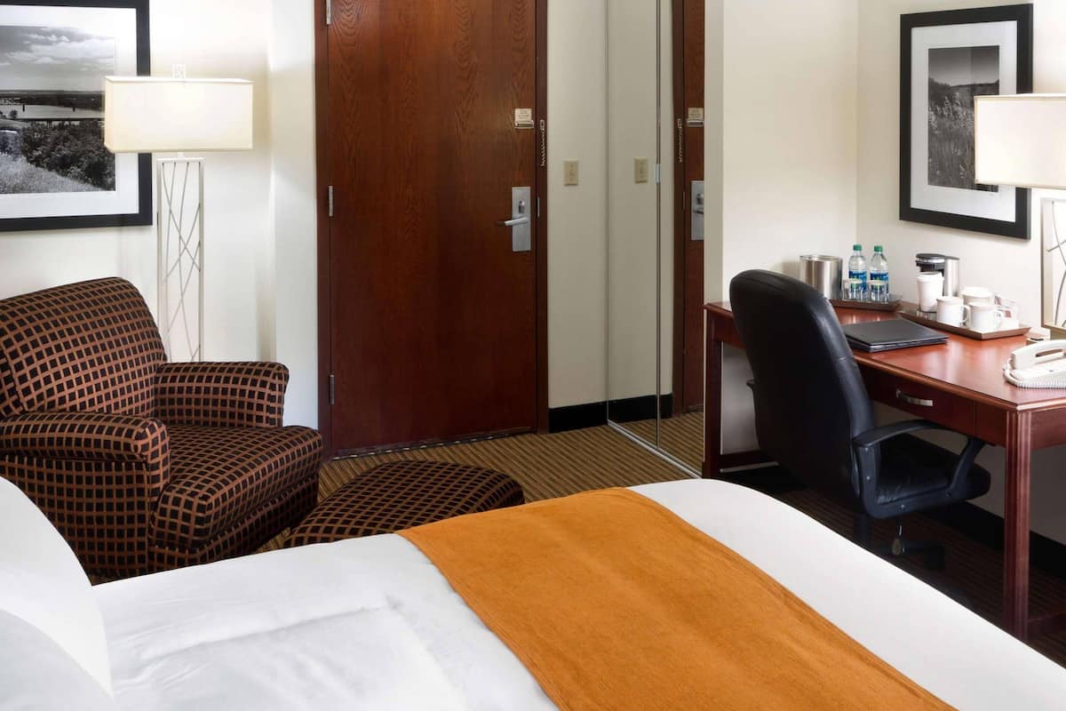A hotel room with a bed, a desk, a chair, a wardrobe, and a bathroom door.