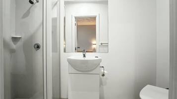 A bathroom with a shower, sink, mirror, and toilet.