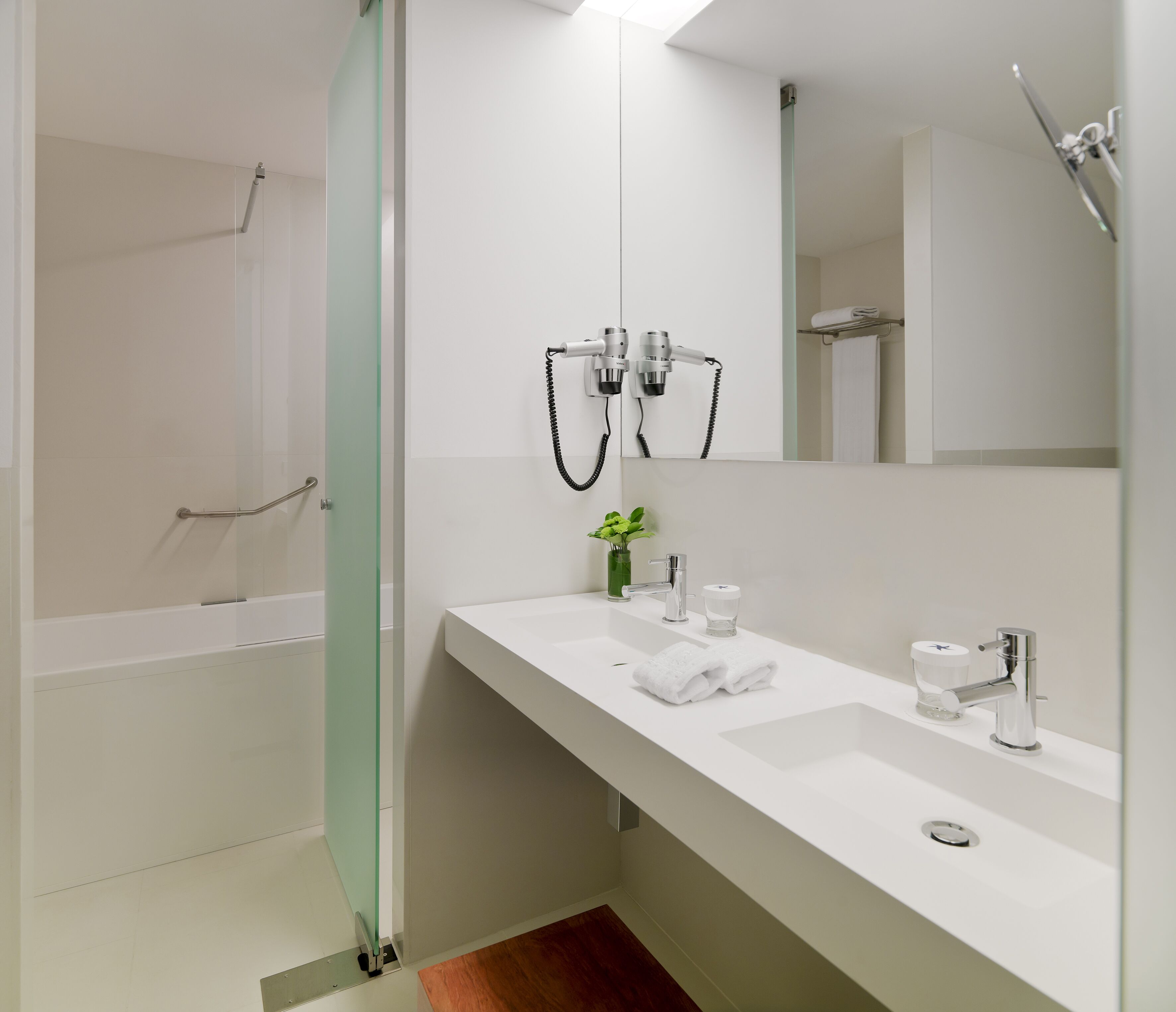 Un baño moderno con cabina de ducha de vidrio, un lavabo blanco con espejo y una pequeña planta en la encimera.