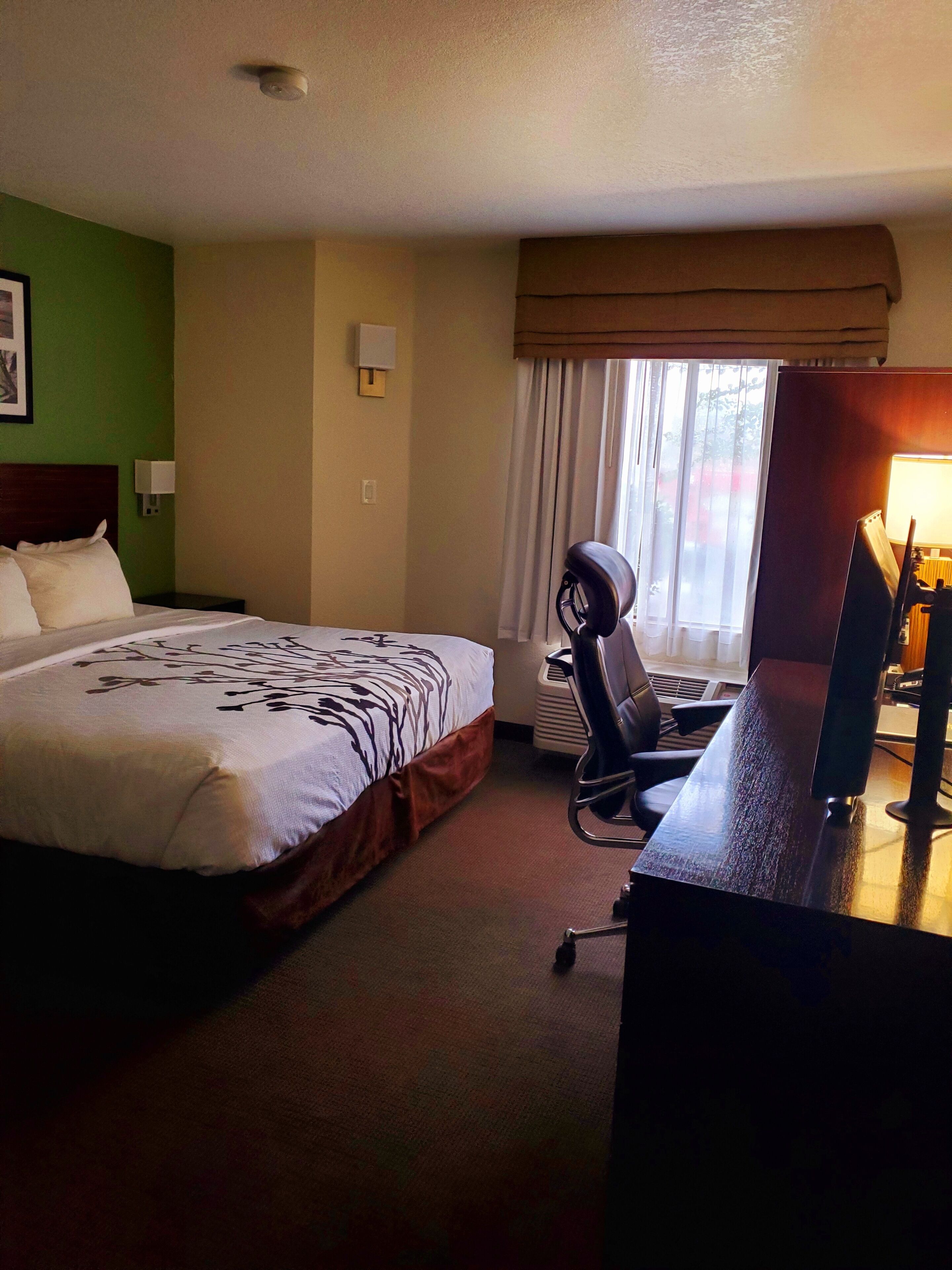 Una habitación de hotel con una cama grande, un escritorio con computadora, una silla y un ventanal con cortinas.
