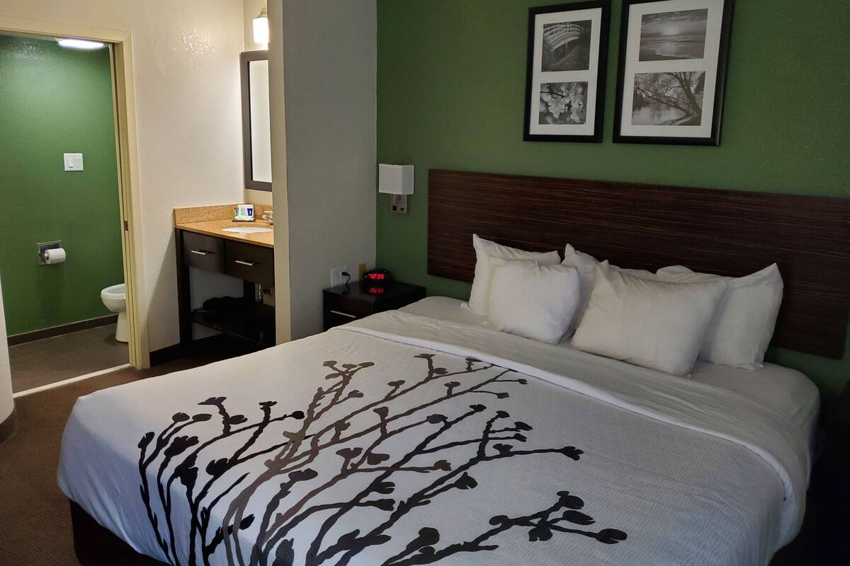 Ein Hotelzimmer mit einem Bett, einem Nachttisch, einem Spiegel, einer gr ünen Wand und zwei gerahmten Bildern.