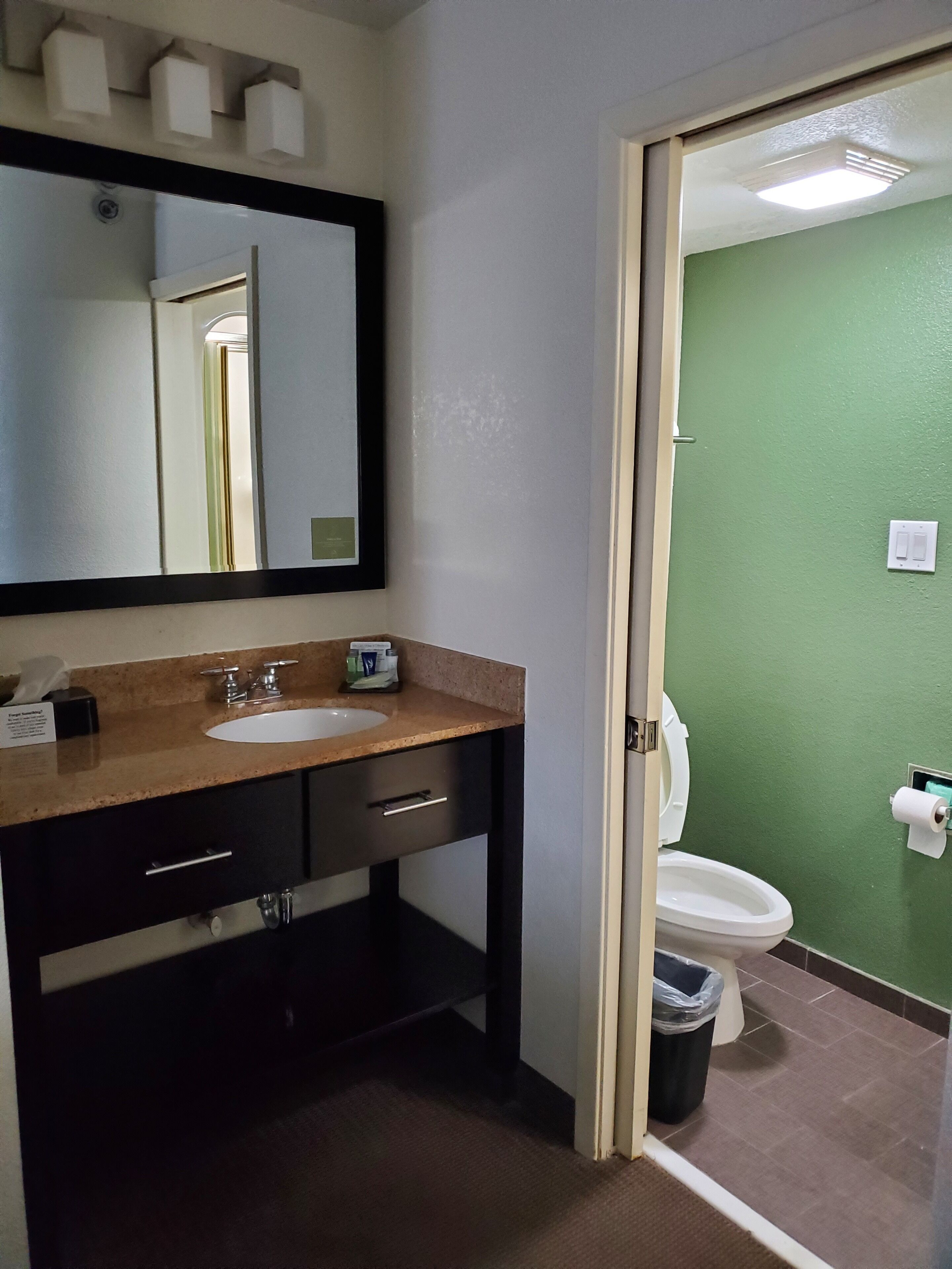 Un baño con lavamanos, espejo e inodoro.