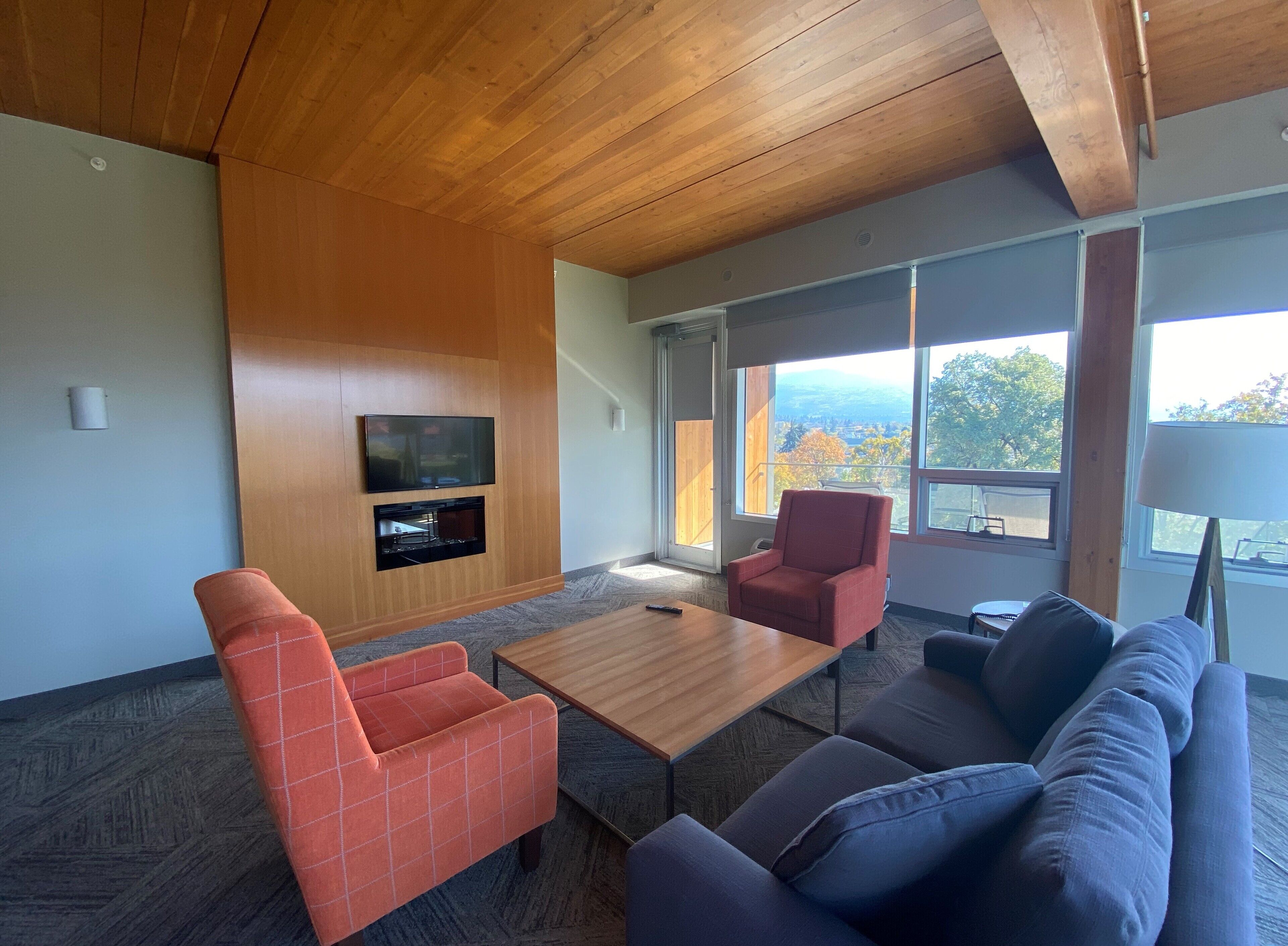 A modern living room with a wooden ceiling, a flat-screen TV mounted on the wall, a sofa, a red armchair, and a coffee table.