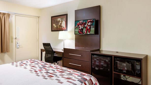 A hotel room with a bed, a desk with a chair, a television, and a microwave. - Red Roof Inn Kalamazoo East - Expo Center (Kalamazoo)