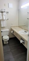 Un baño con inodoro, lavamanos y espejo. Hay toallas en un perchero y un dispensador de toallas.