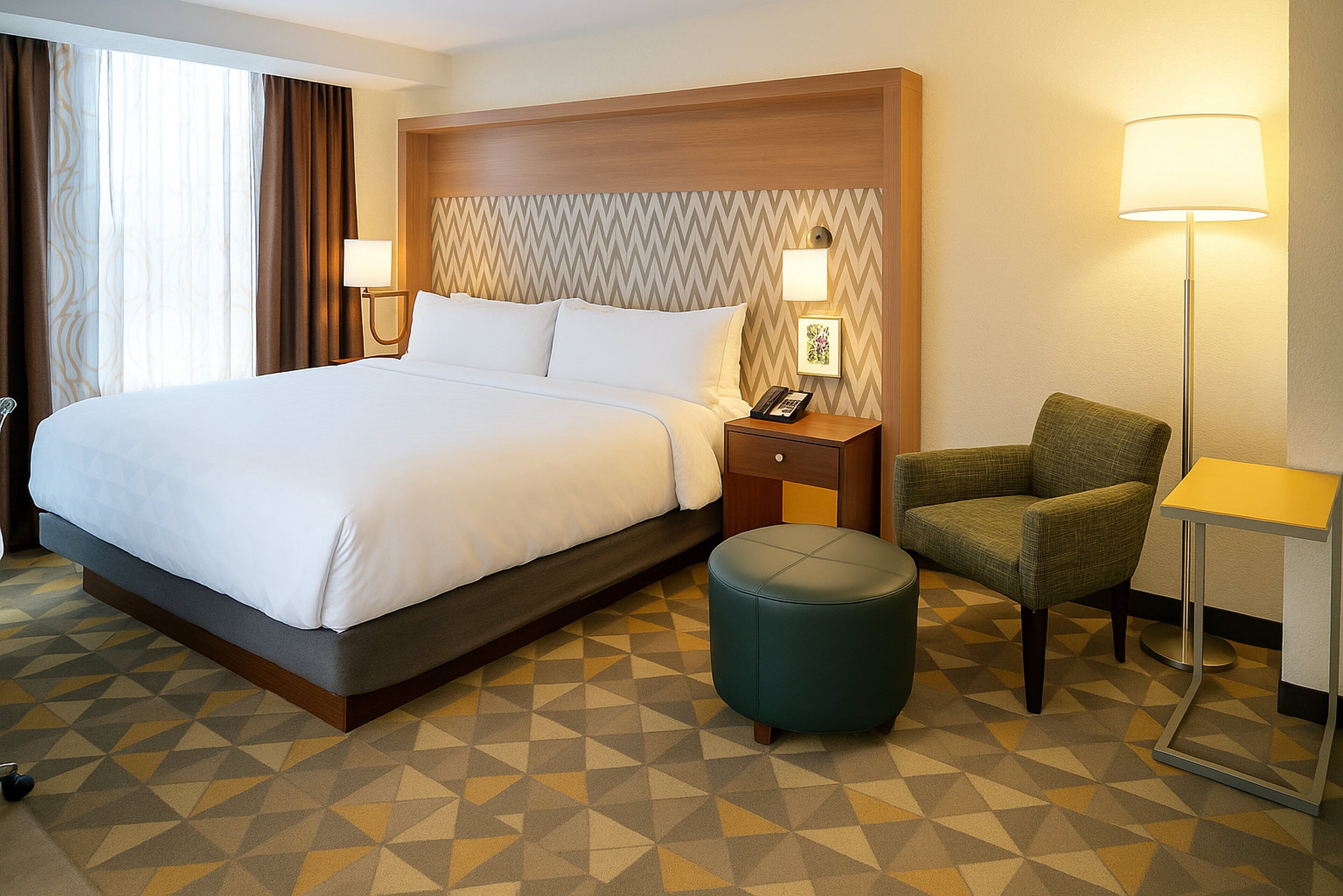 Hypo-allergenic bedding, desk, blackout drapes, iron/ironing board