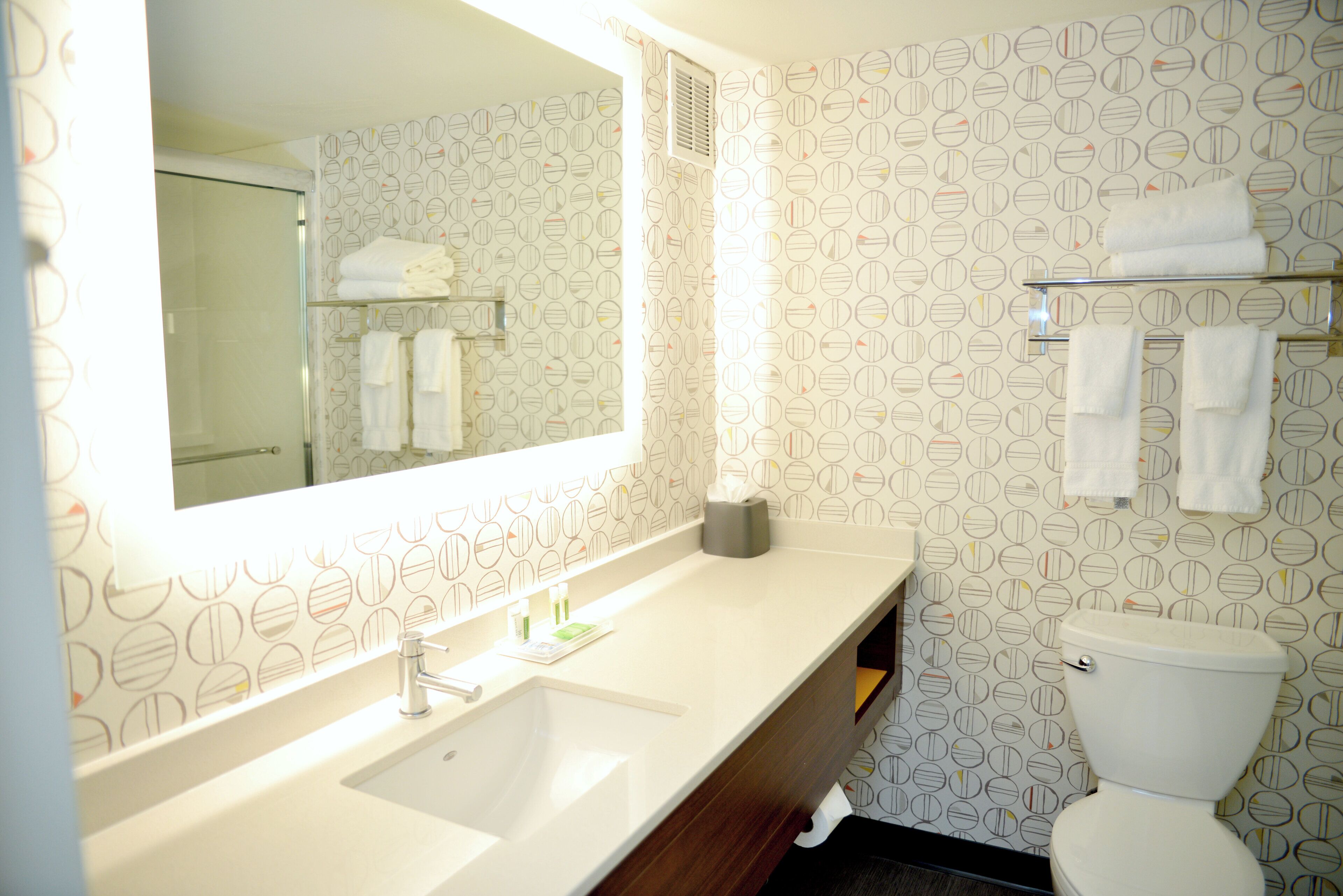 Une salle de bain avec un grand miroir, un lavabo, des toilettes et un porte-serviettes.