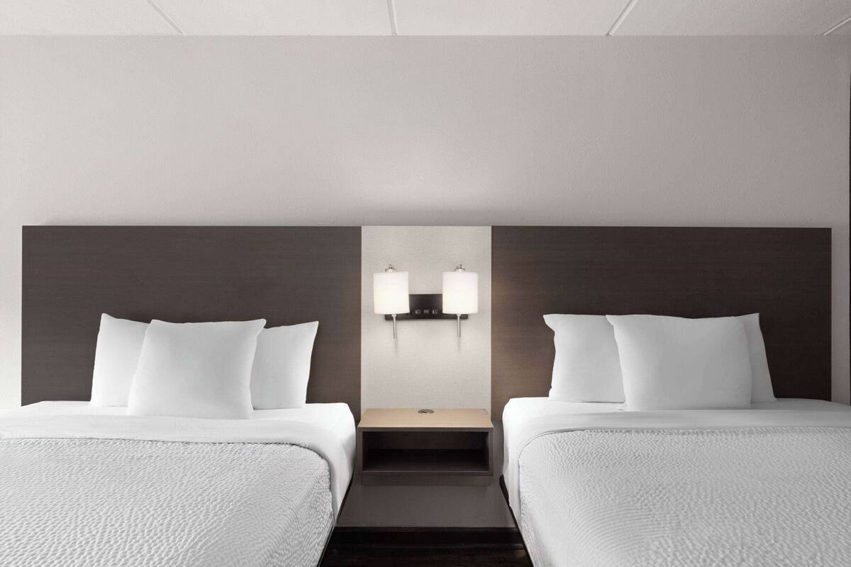 Quarto de hotel com duas camas, uma mesa de cabeceira e iluminação embutida na parede.