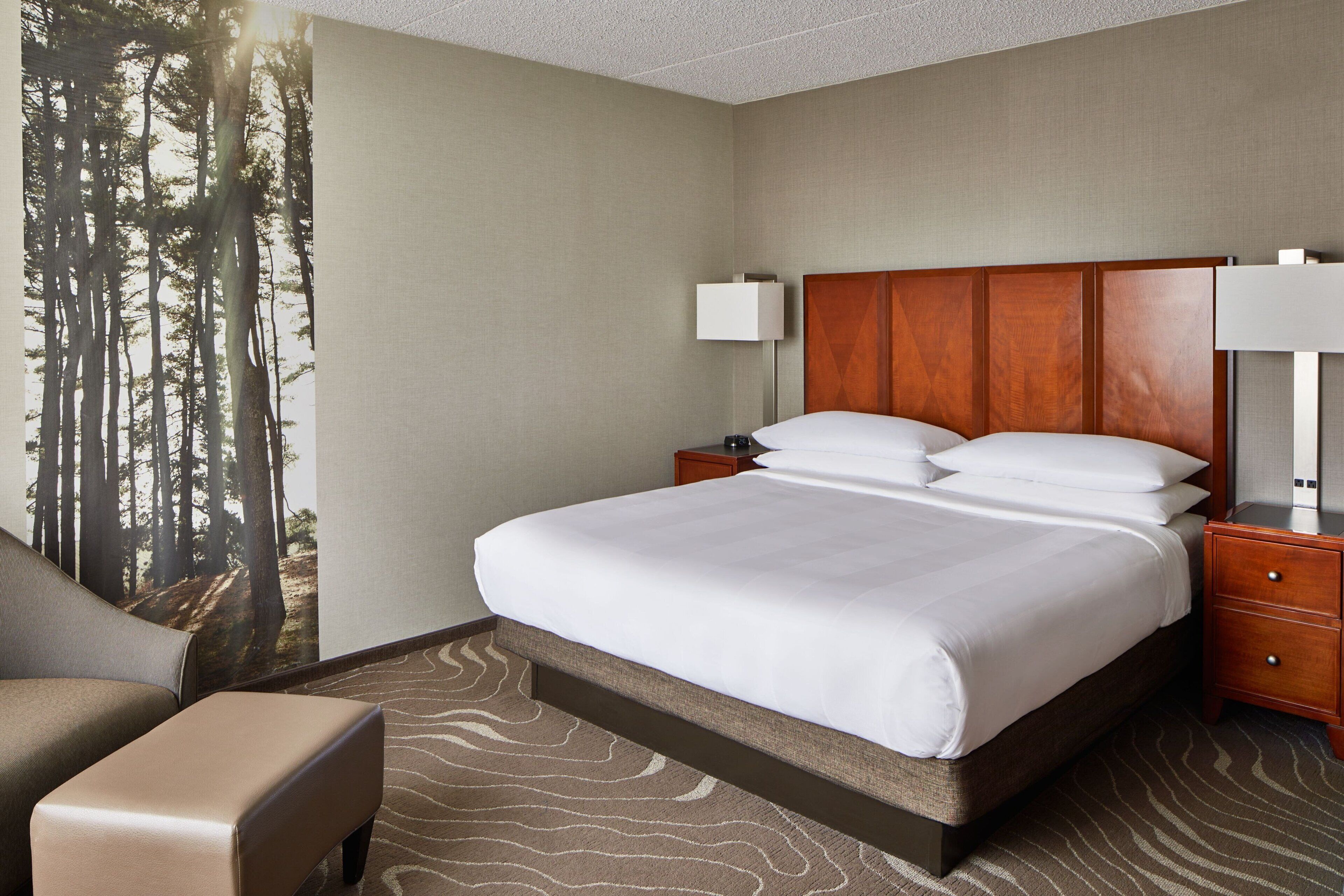 A hotel room with a bed, nightstands, a lamp, a chair, and a large forest mural on the wall.