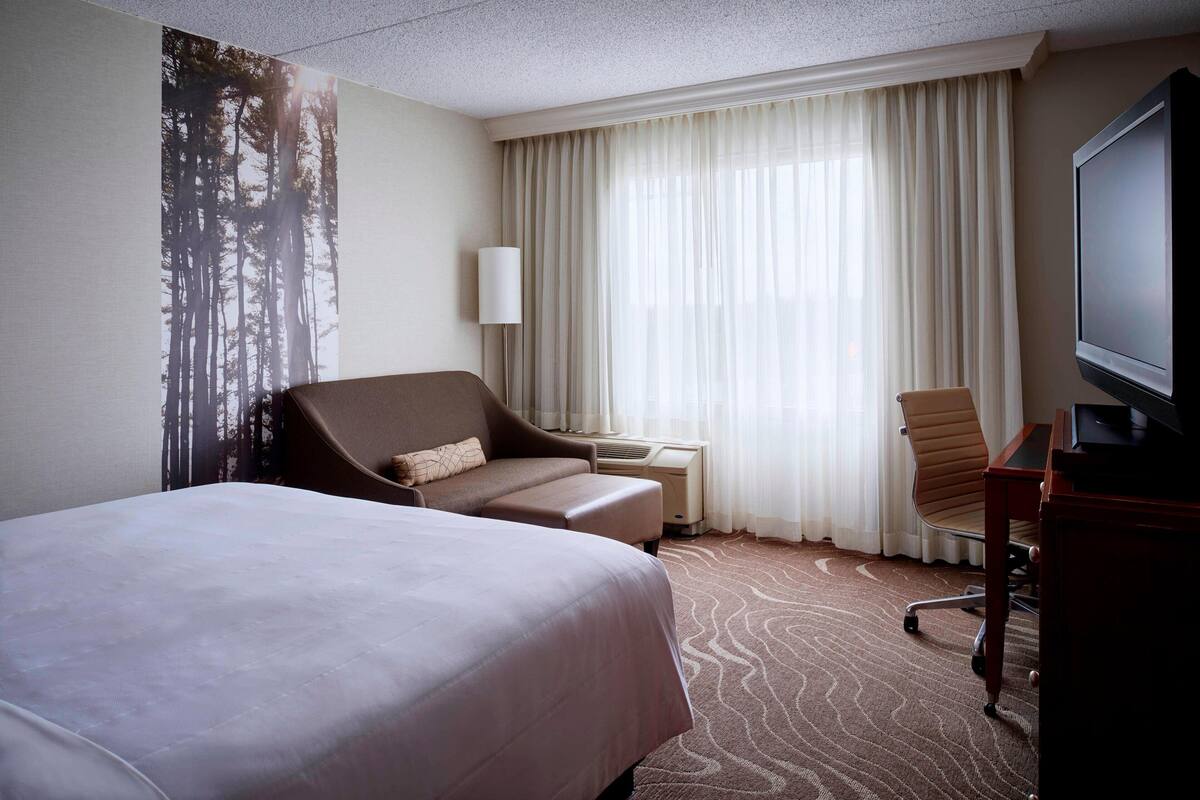 A hotel room with a large bed, a sofa, a desk with a lamp, a chair, and a television.