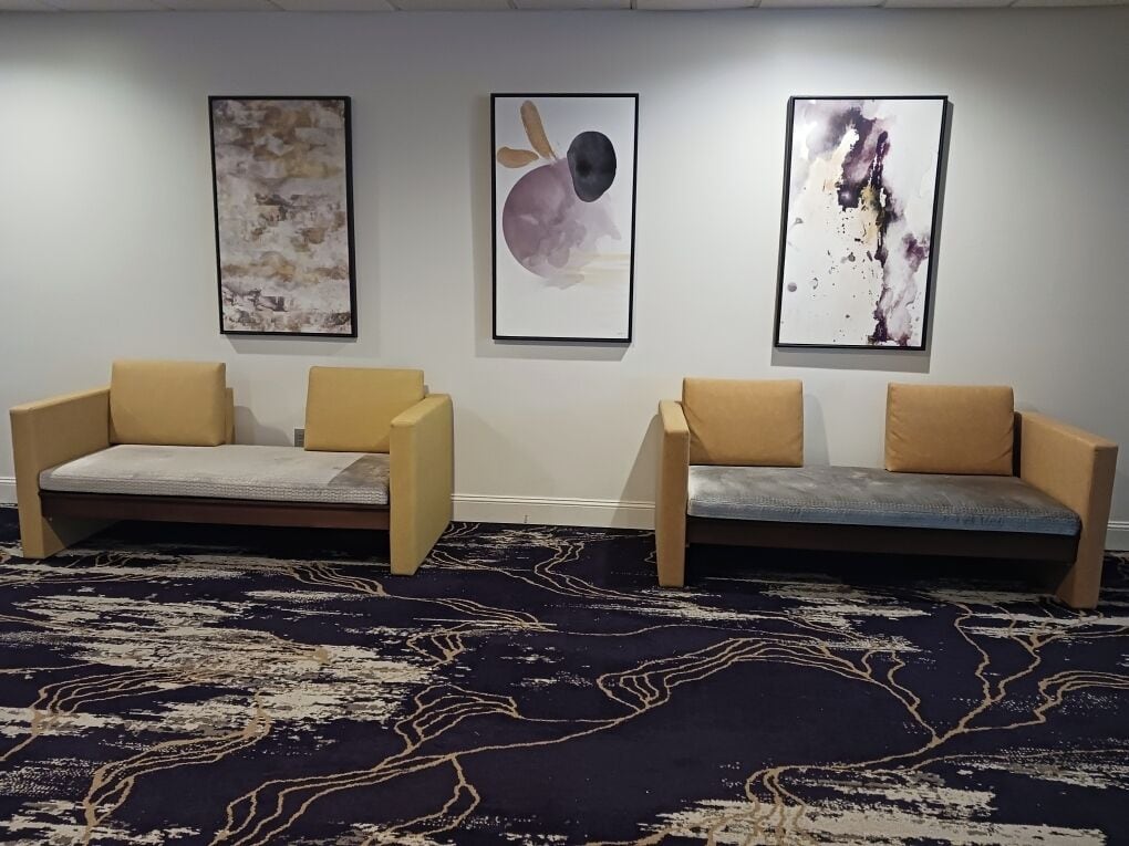 Una habitación con dos sofás enfrentados, un suelo con estampado y tres cuadros abstractos en la pared.