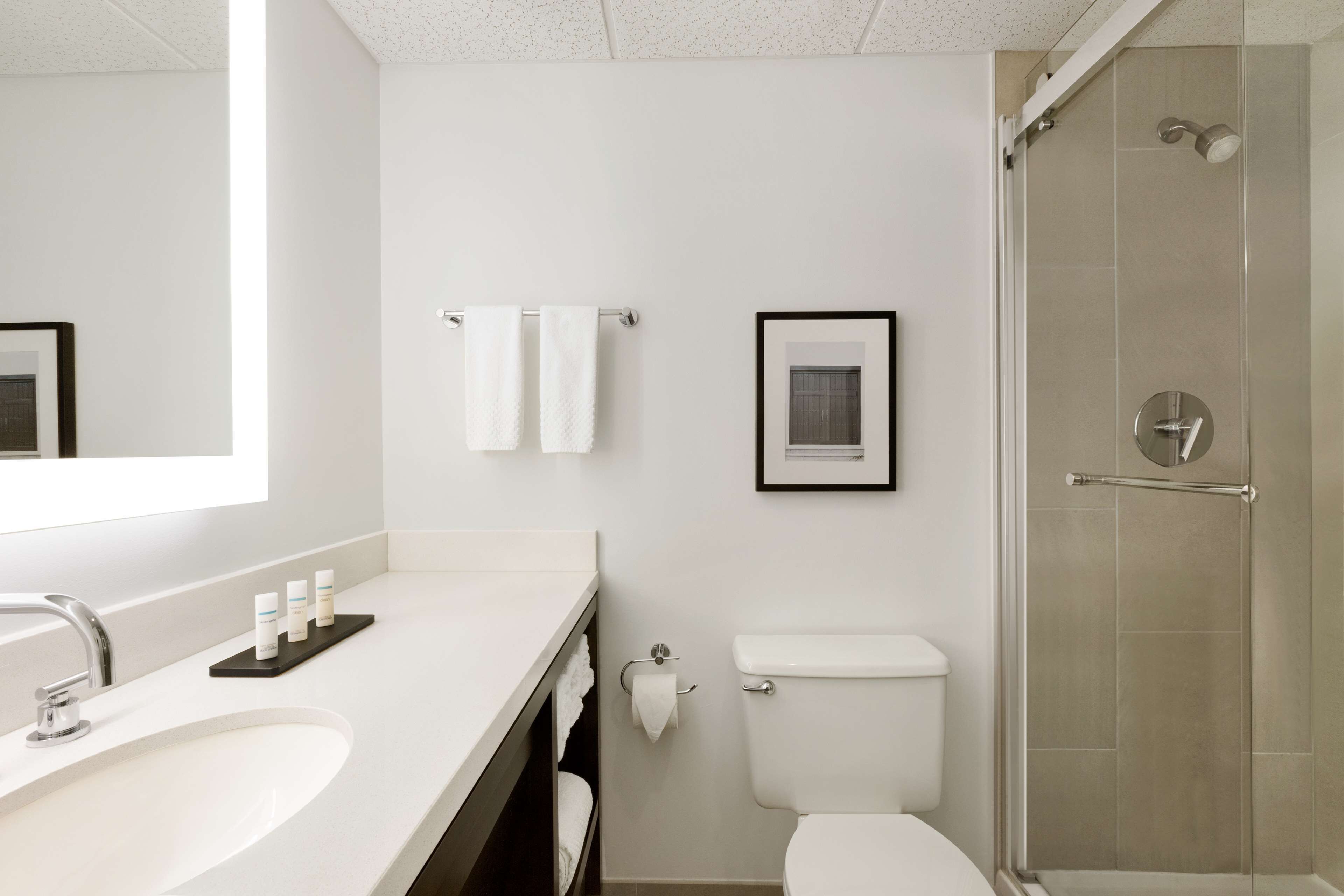 A modern bathroom with a large sink, toilet, and shower.