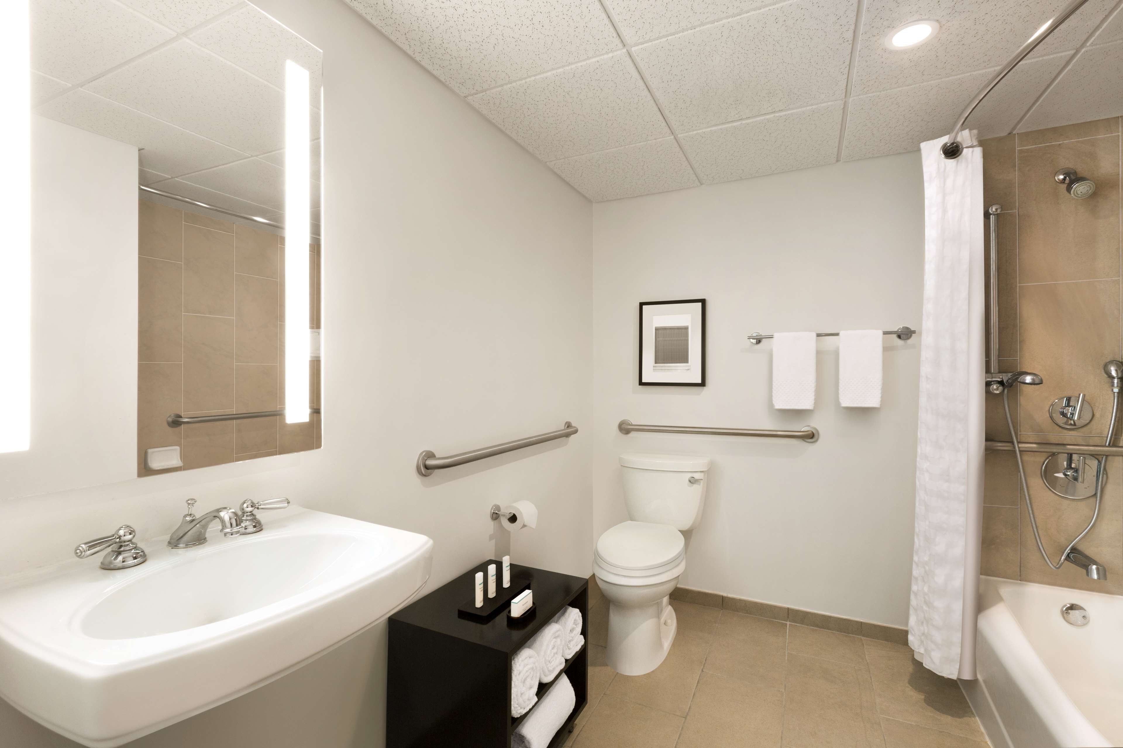 A modern bathroom with a sink, toilet, and shower.