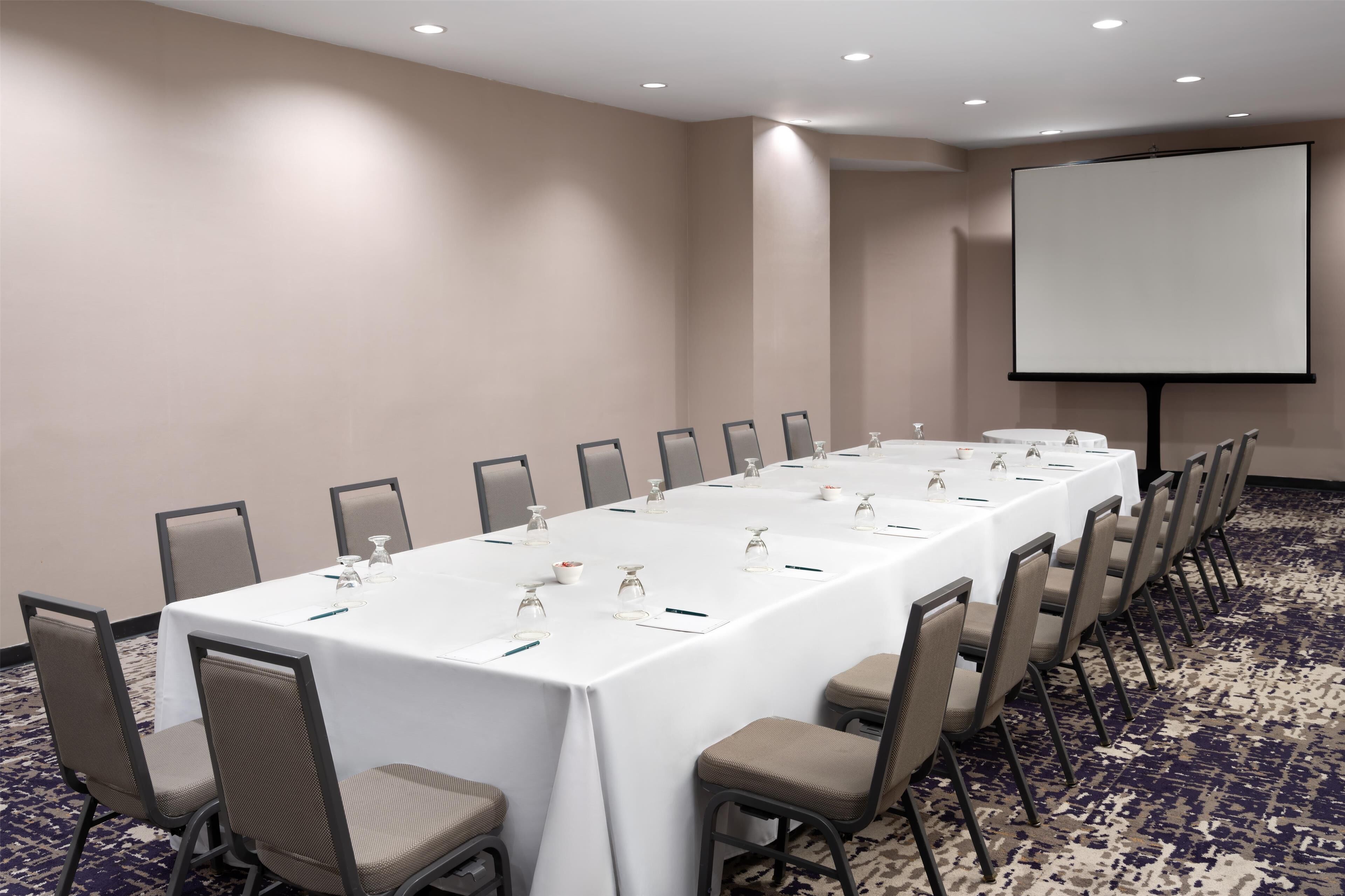 Una sala de conferencias con una larga mesa, sillas, una pantalla de proyector y piso alfombrado.