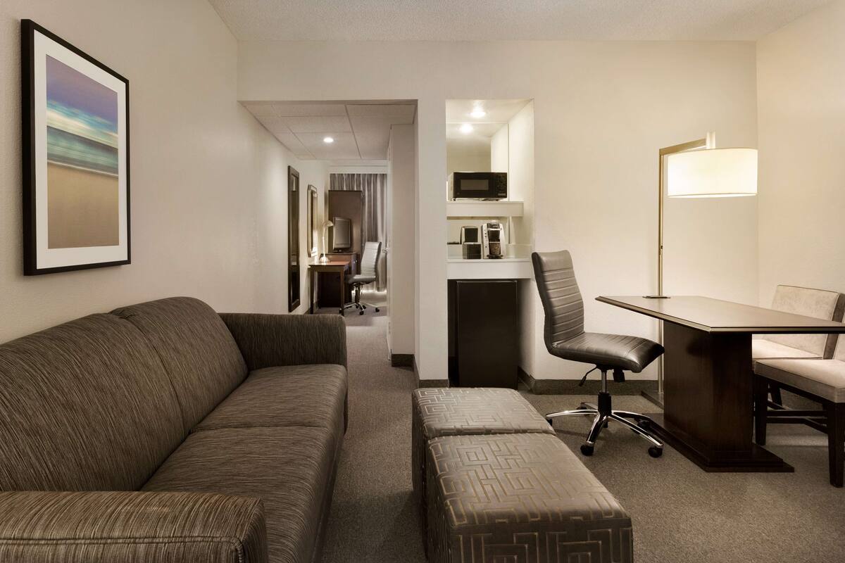A hotel room with a sofa, a desk, a chair, and a television.