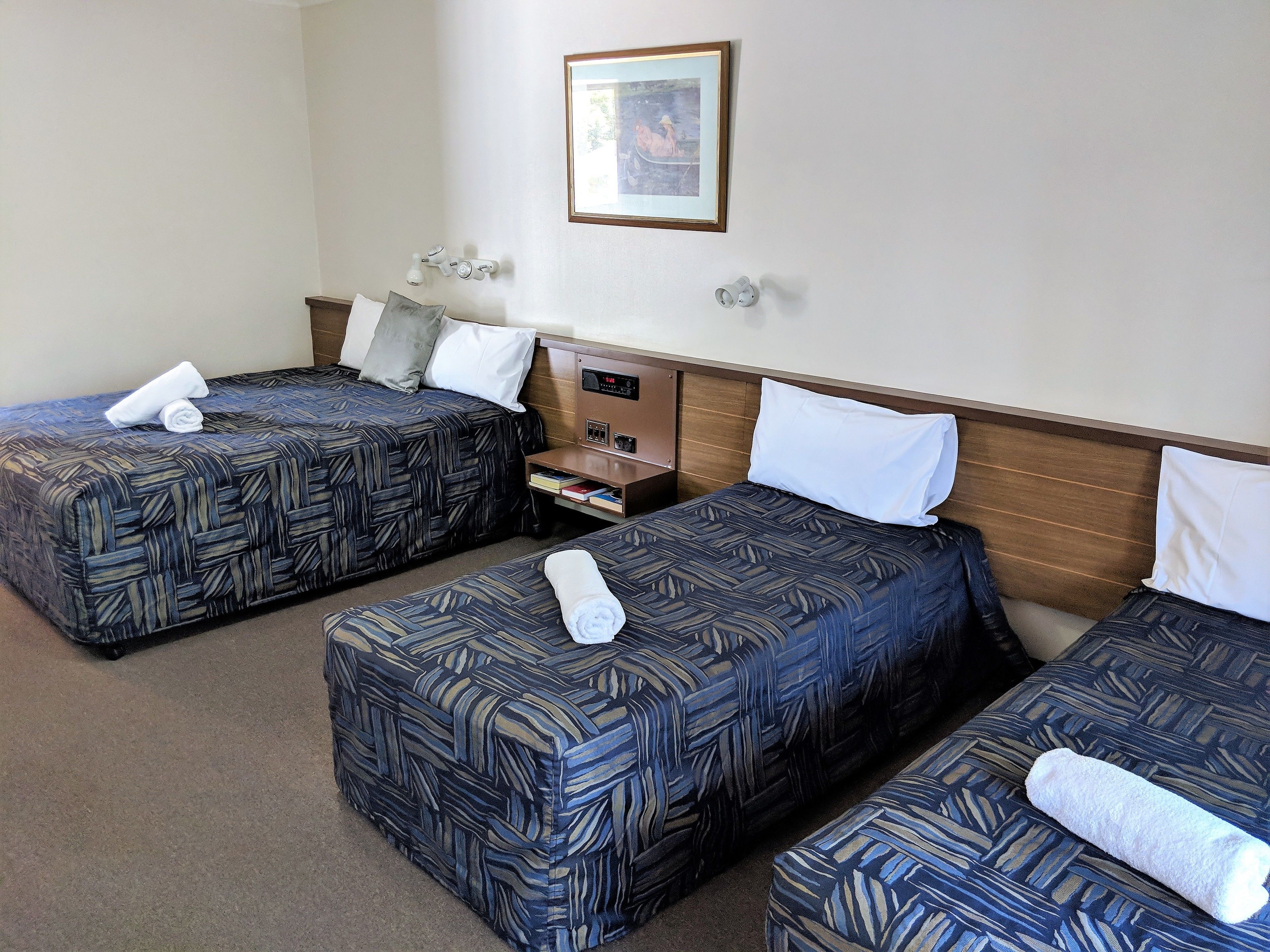 A hotel room with two beds, each with a patterned bedspread and pillows, a bedside table with a book and a lamp, and a framed picture on the wall.