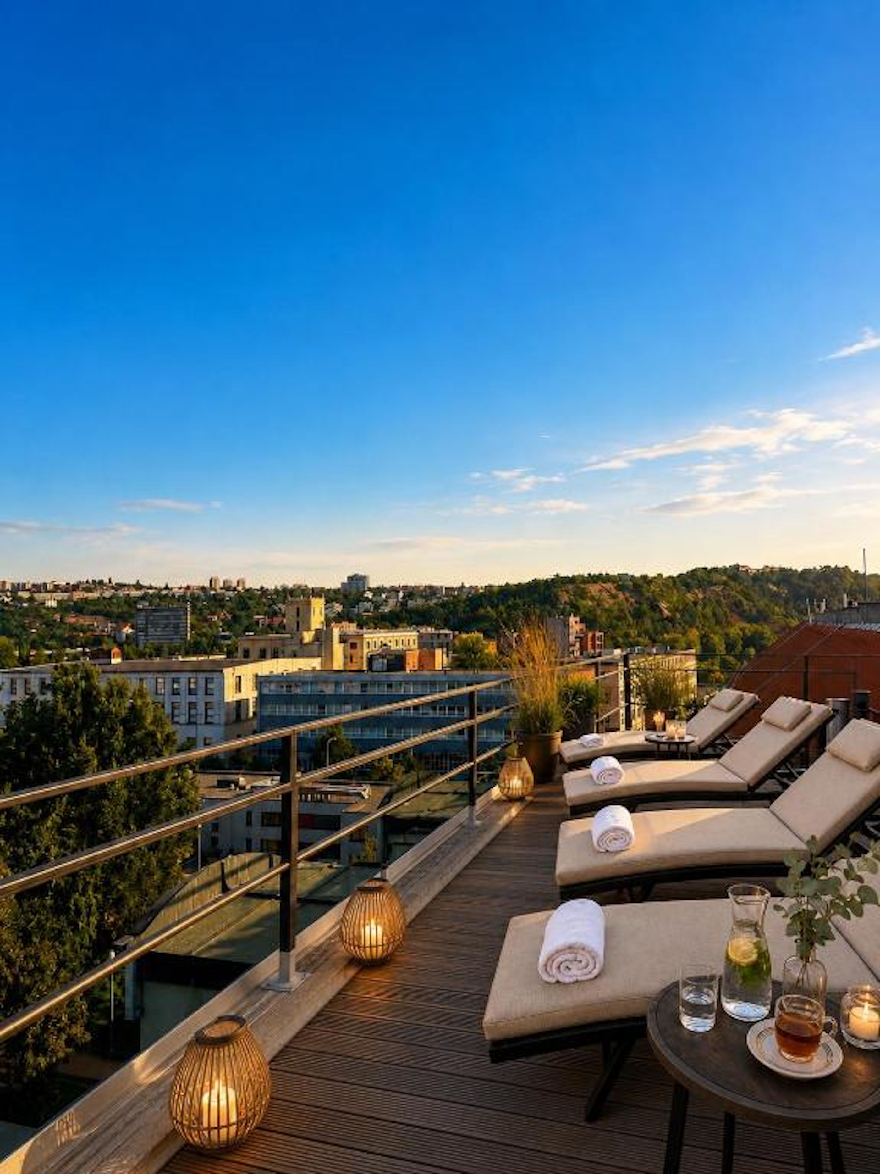 A rooftop terrace with lounge chairs, a table with drinks, and a city view.