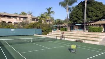 Un court de tennis avec un filet, entouré de palmiers et d’immeubles.