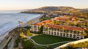 A coastal hotel with a beachfront view, featuring a large building with a red-tiled roof and multiple balconies, surrounded by palm trees and a well-maintained lawn. - The Ritz-Carlton, Laguna Niguel (Dana Point)