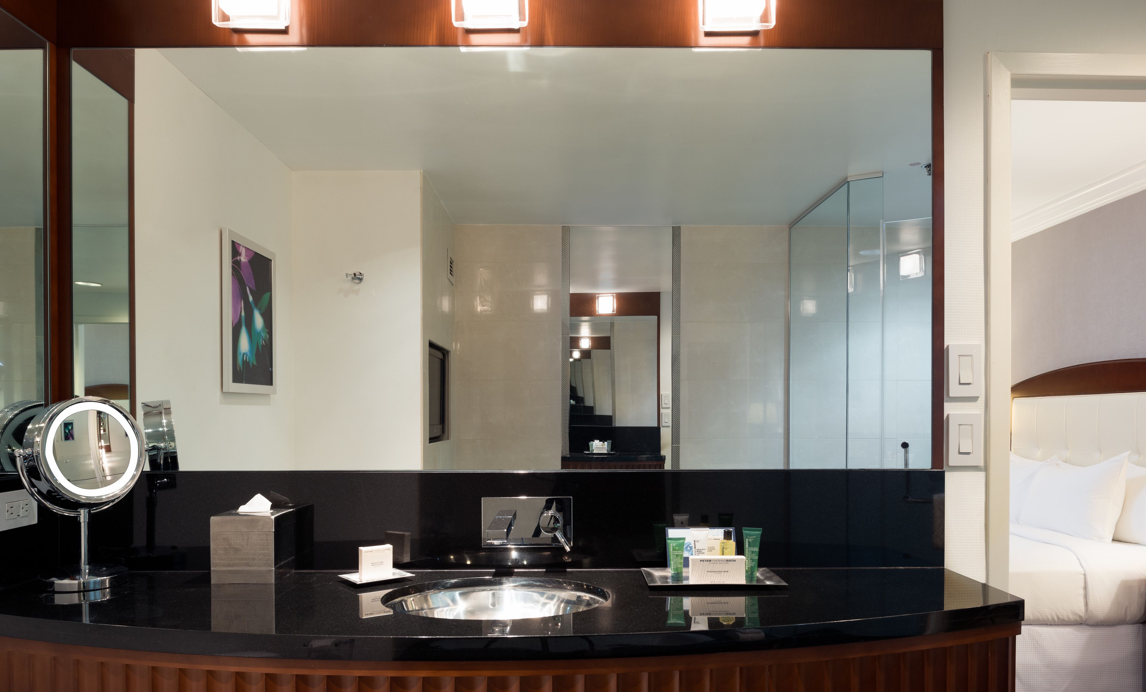 designer toiletries, hair dryer, towels