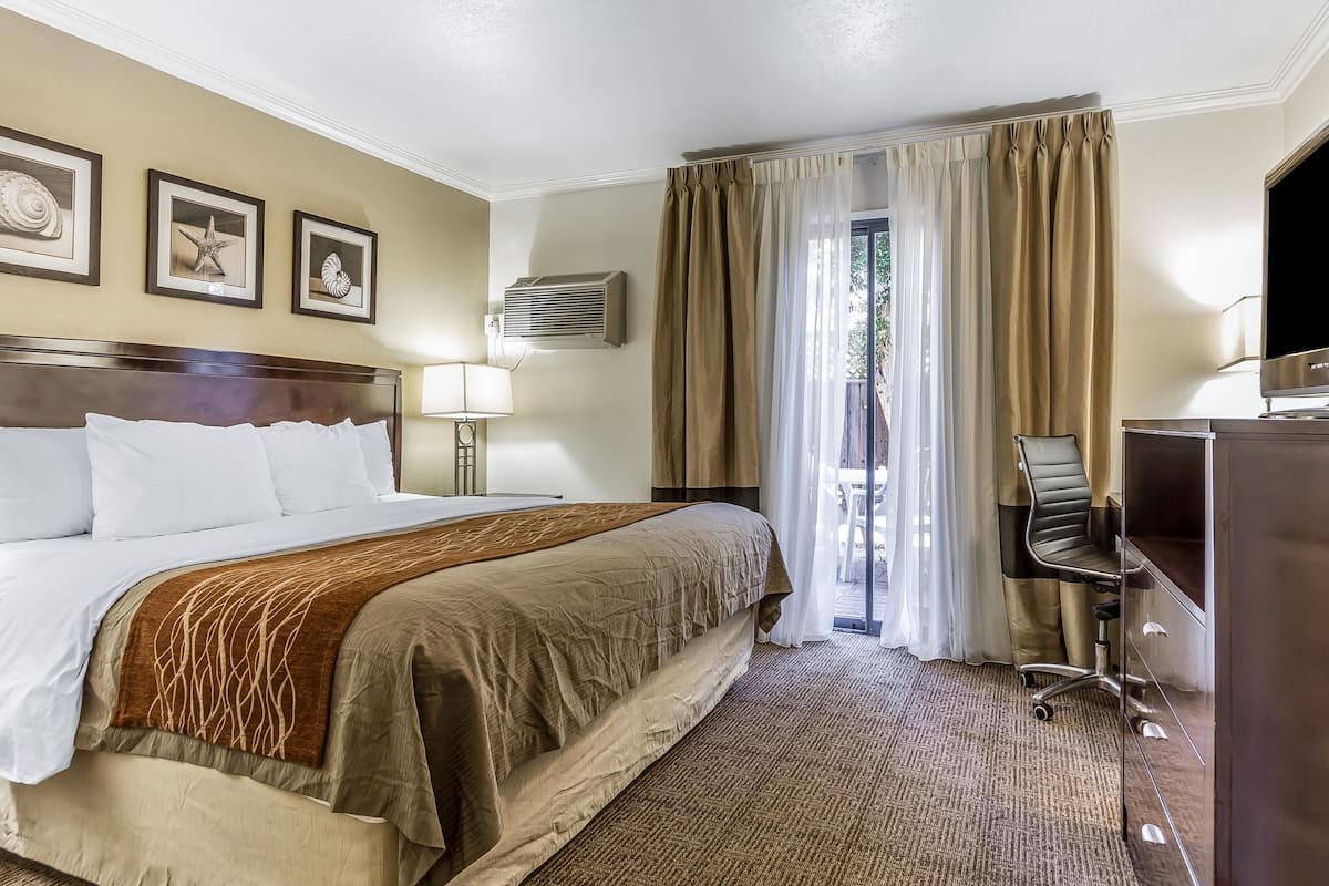 Habitación de hotel con cama, escritorio, silla, televisión y ventana con cortinas.