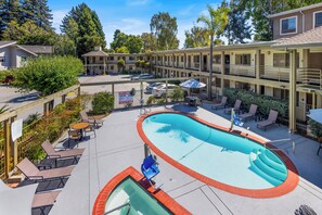 Alberca al aire libre, sombrillas en la alberca y camastros 