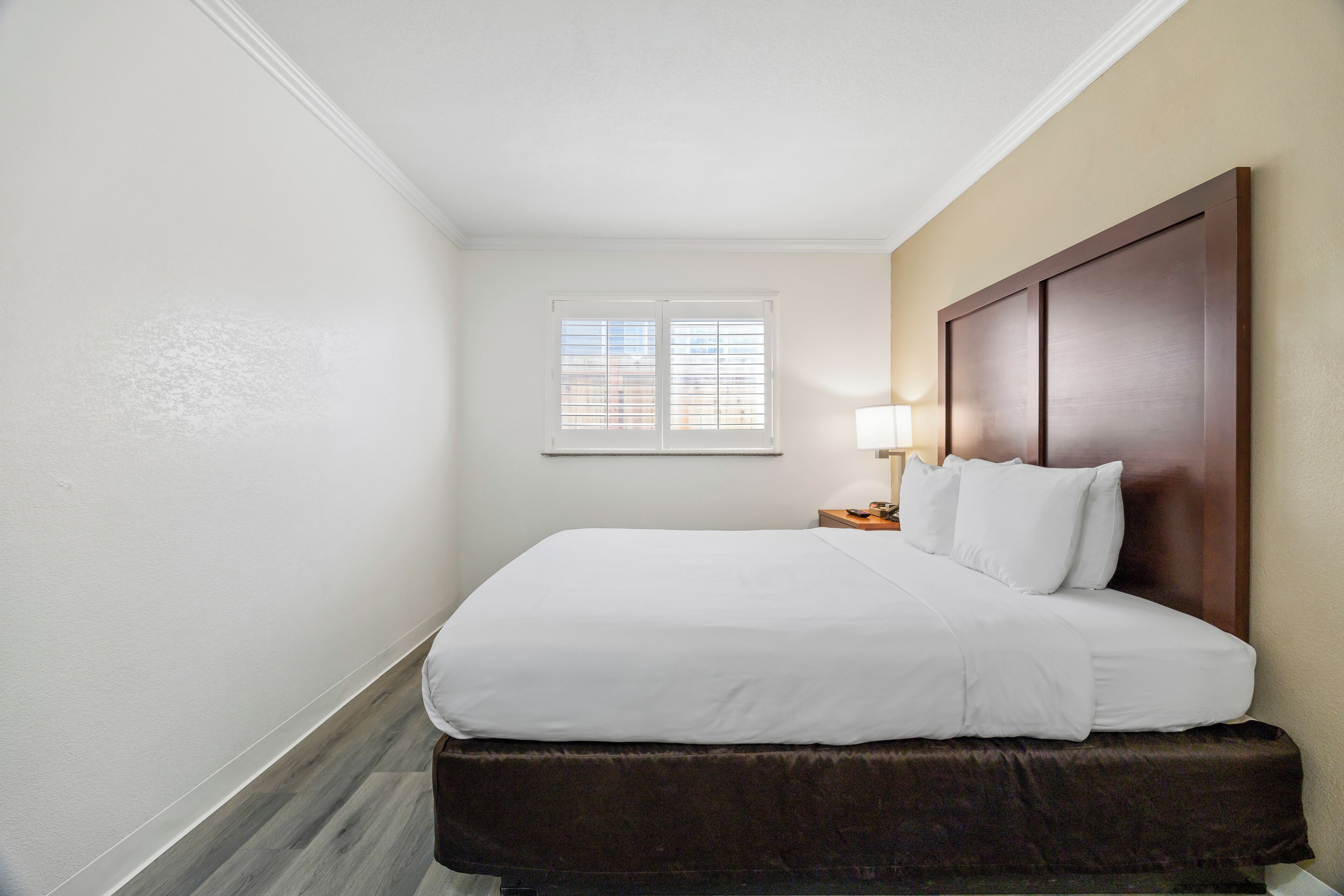 A hotel room with a bed, a nightstand, a lamp, and a window.